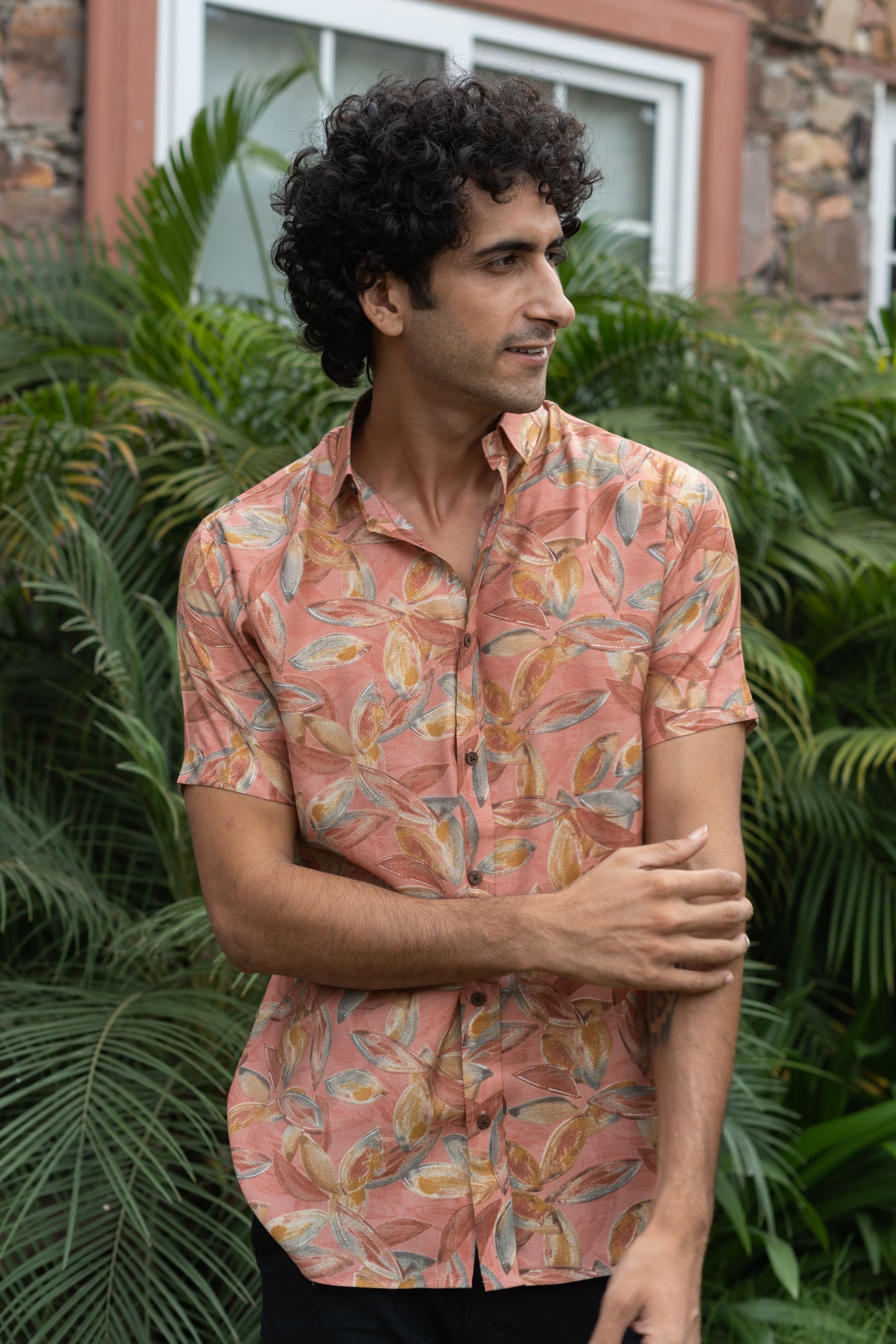 The Peach Color Half Sleeves All-Over Floral Print Party Shirt