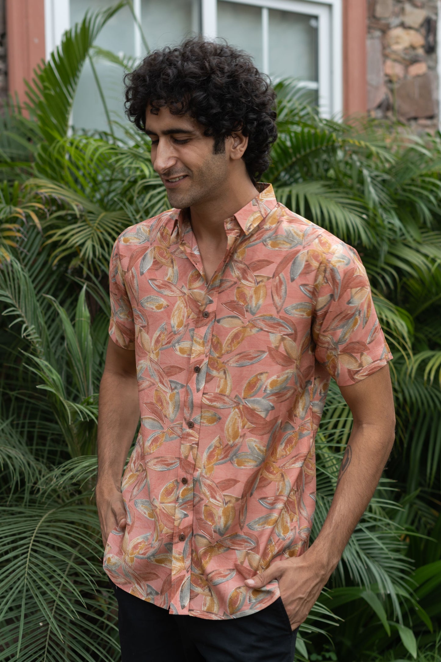 The Peach Color Half Sleeves All-Over Floral Print Party Shirt