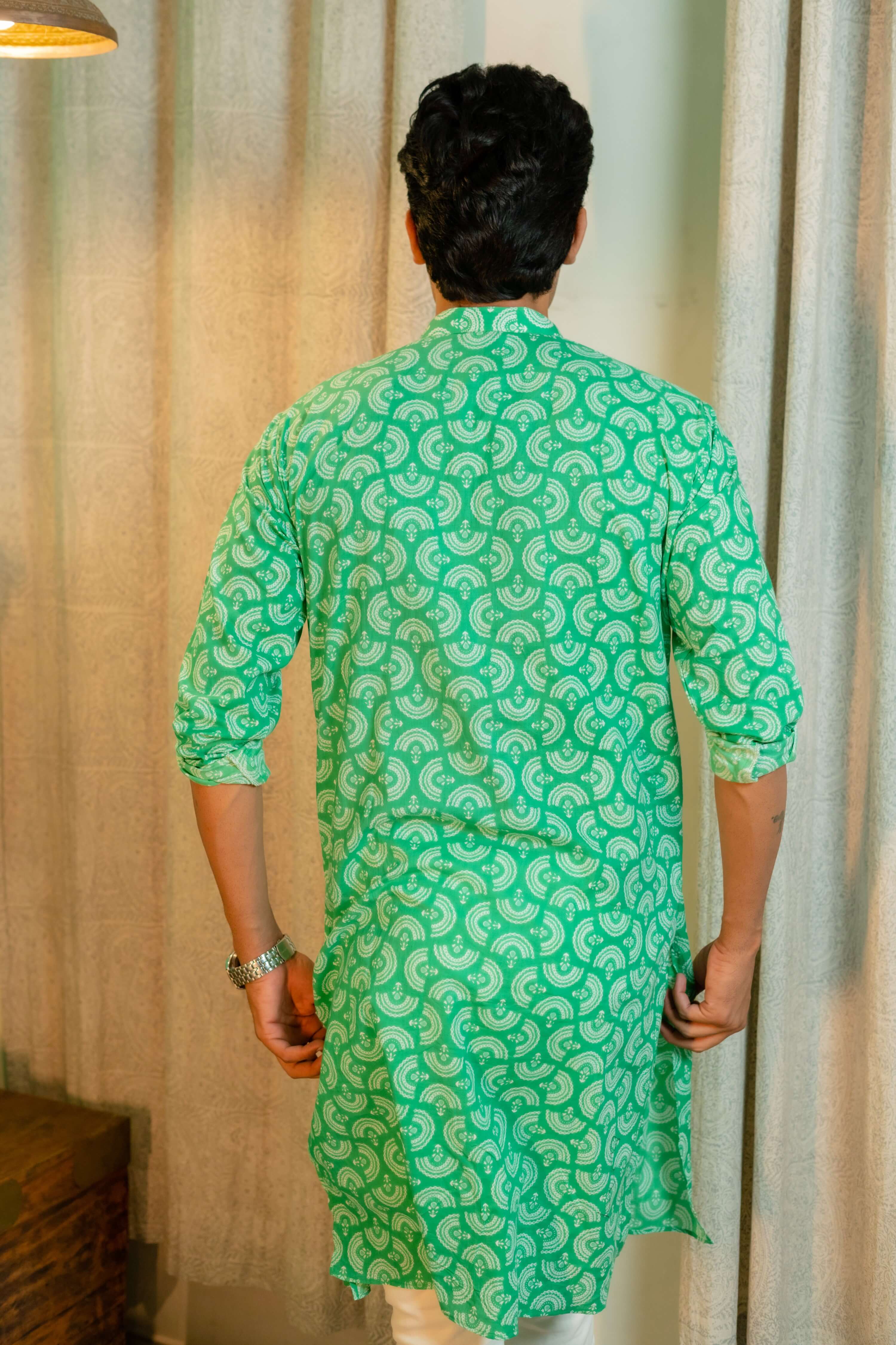 The Bright Green Long Kurta With White Tribal Print