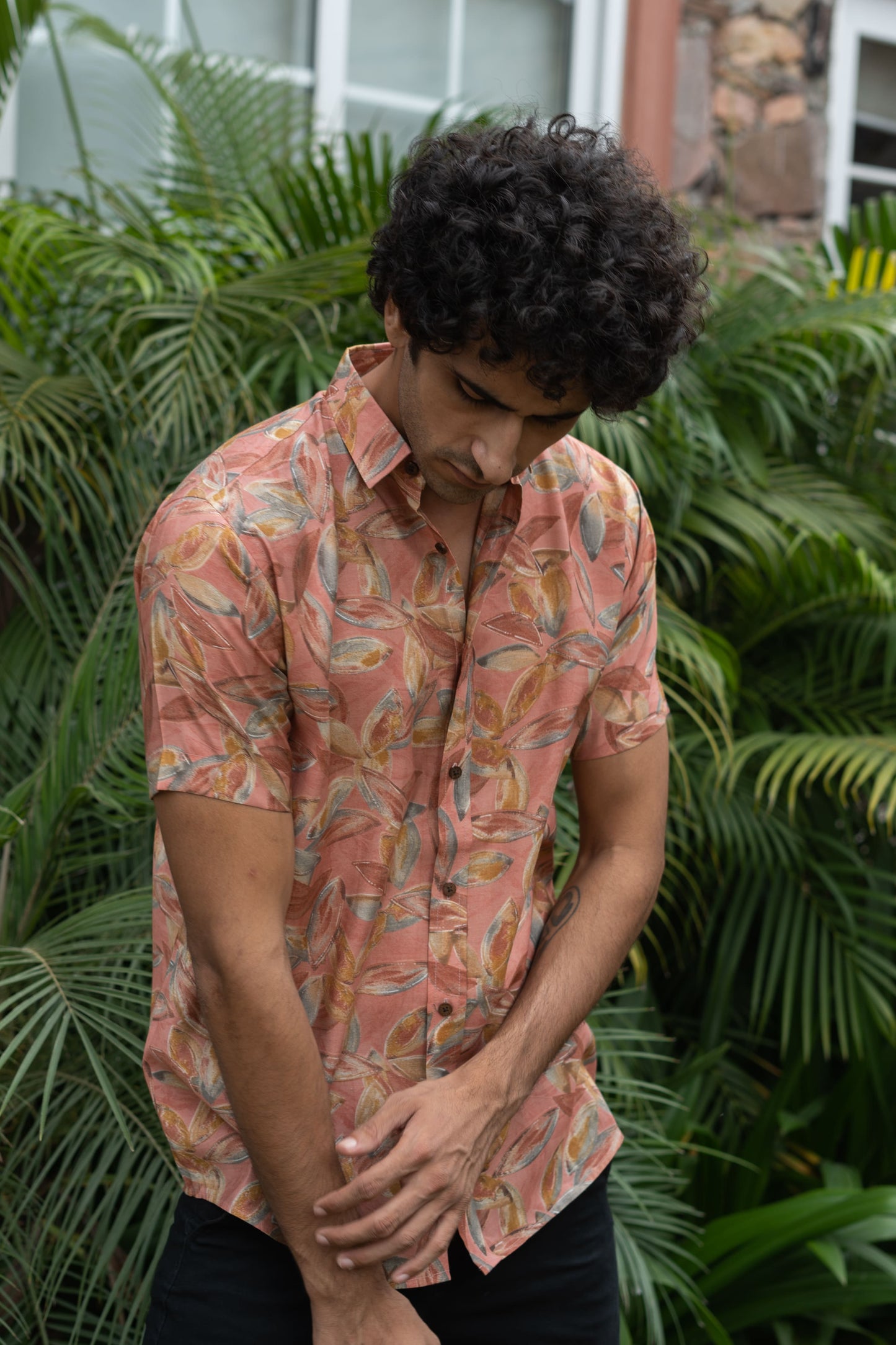The Peach Color Half Sleeves All-Over Floral Print Party Shirt