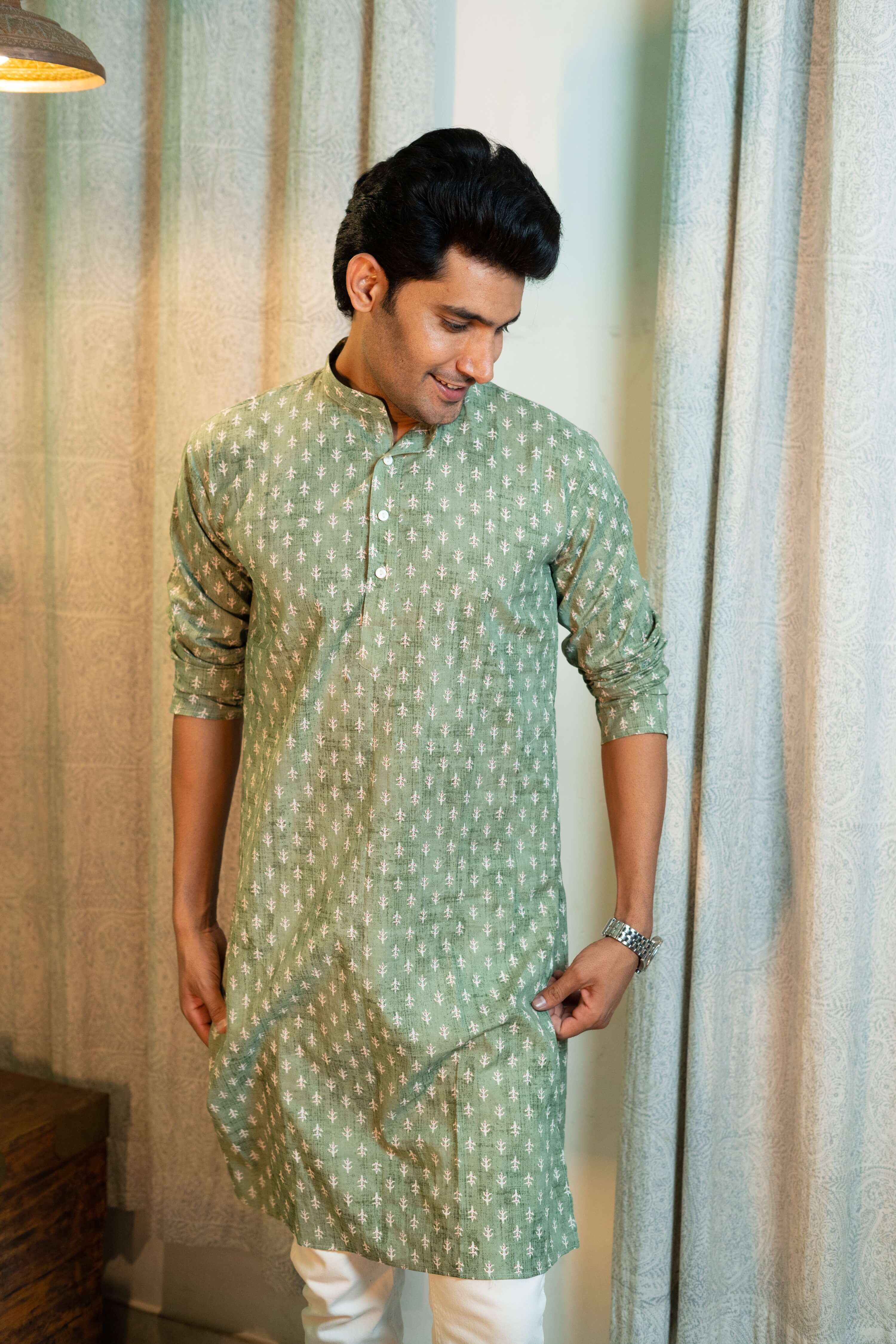 The Forest Green Long Kurta With Floral Butti Print