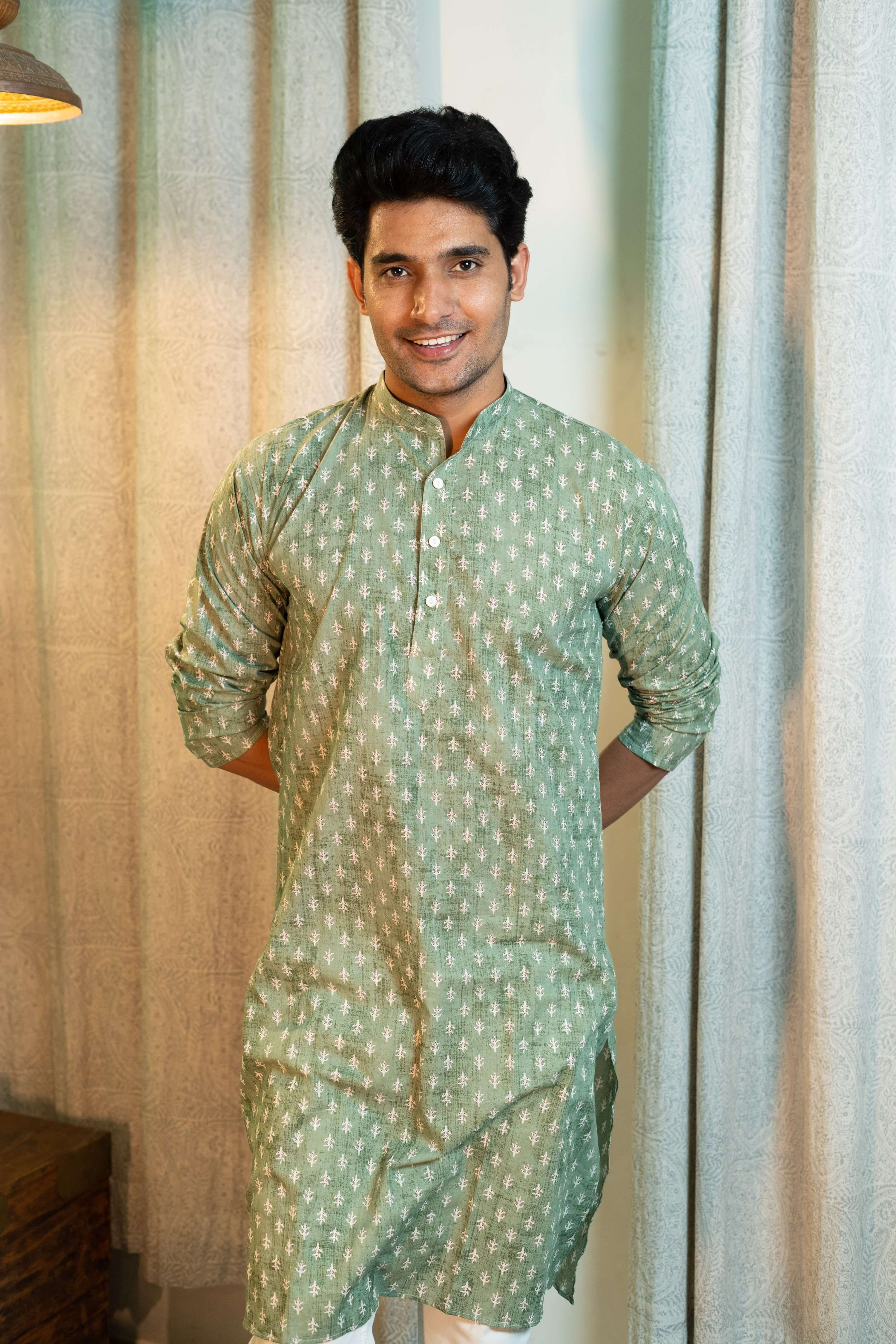 Man Wearing Green Long Kurta With Floral Butti Print