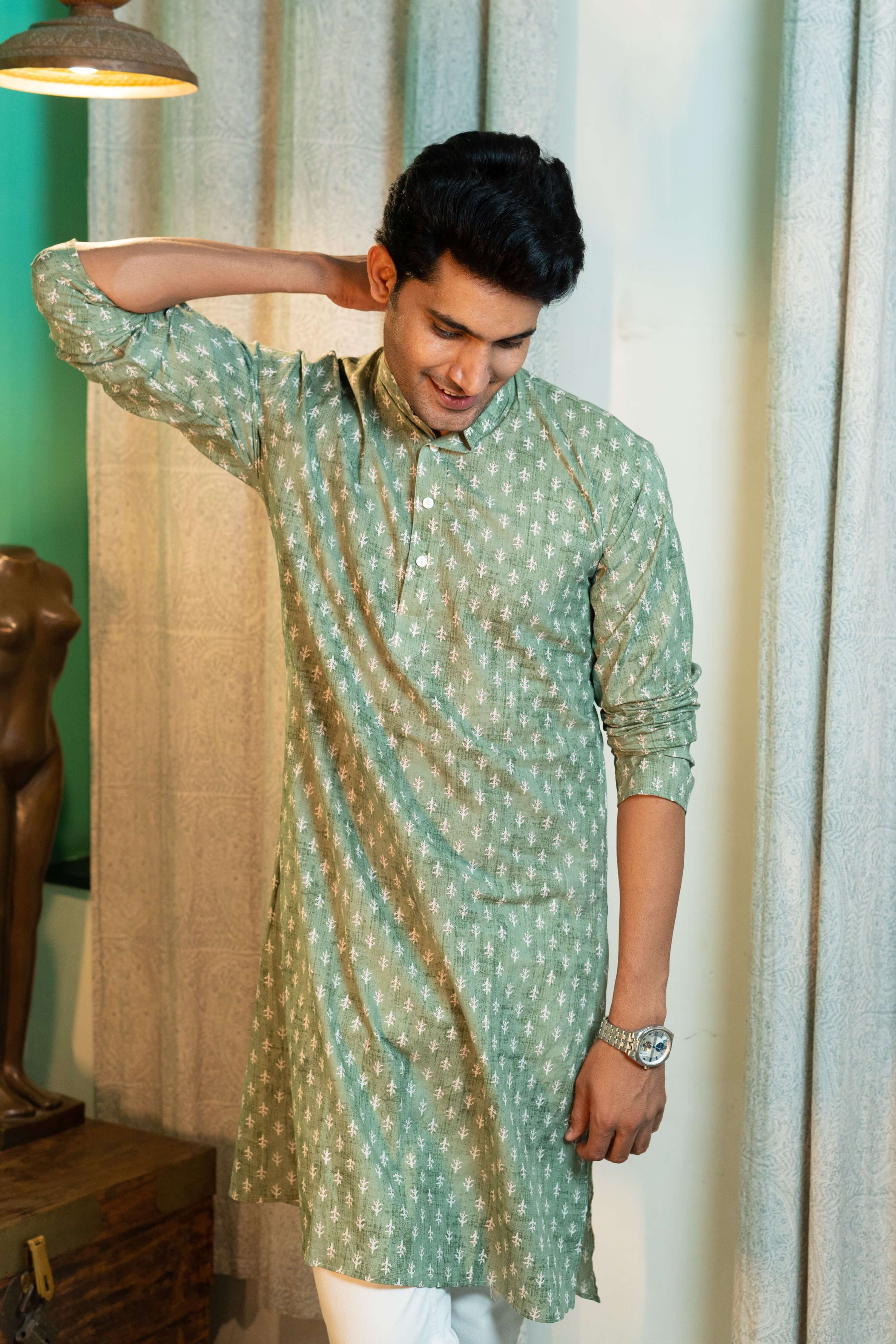 Green long kurta for men with floral butti print