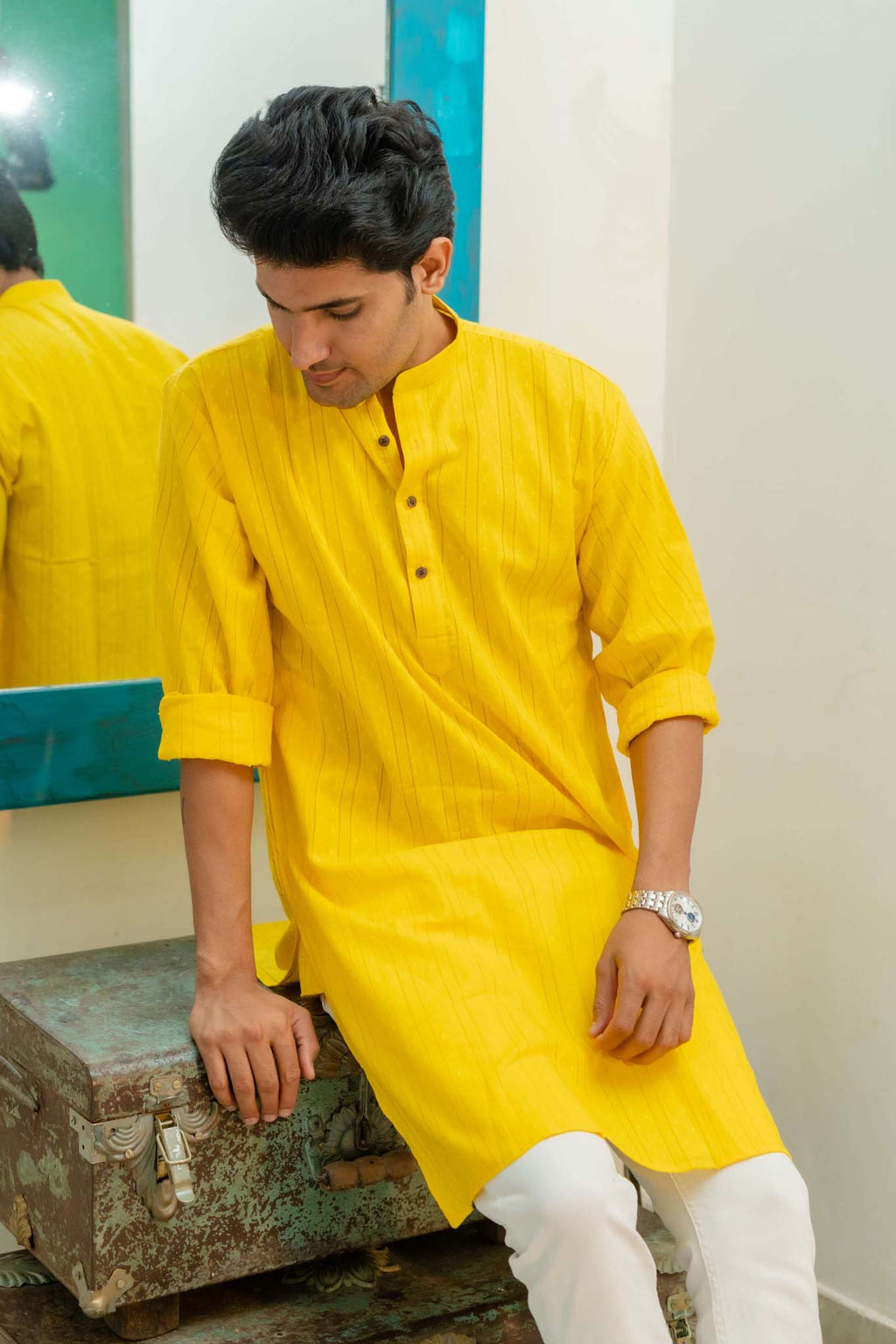 The Bright Yellow Colour Long Kurta In Woven Dobby Cotton
