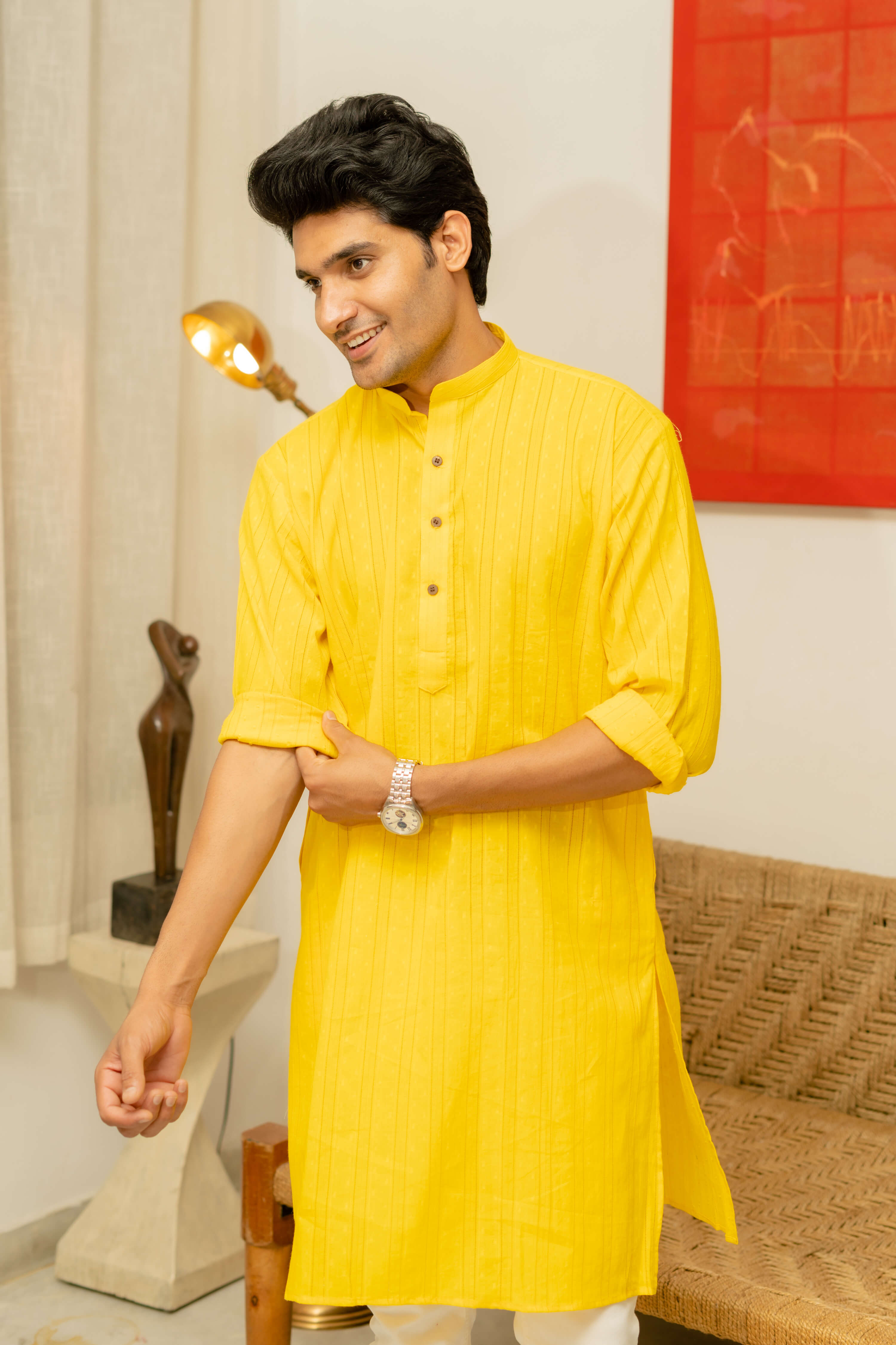 Yellow long kurta for men for haldi