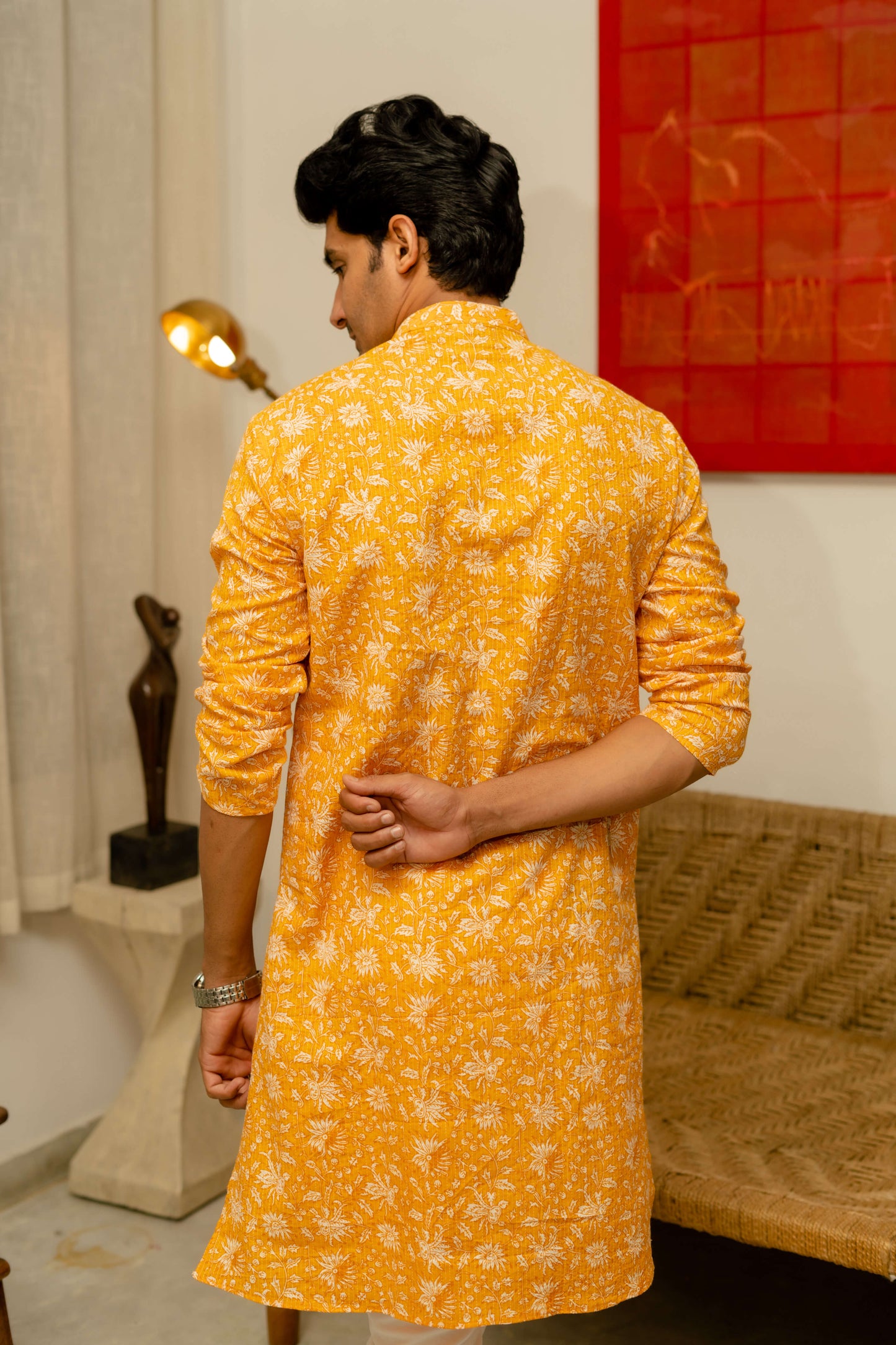 The Yellow Kantha Work Long Kurta With All-Over Floral Print
