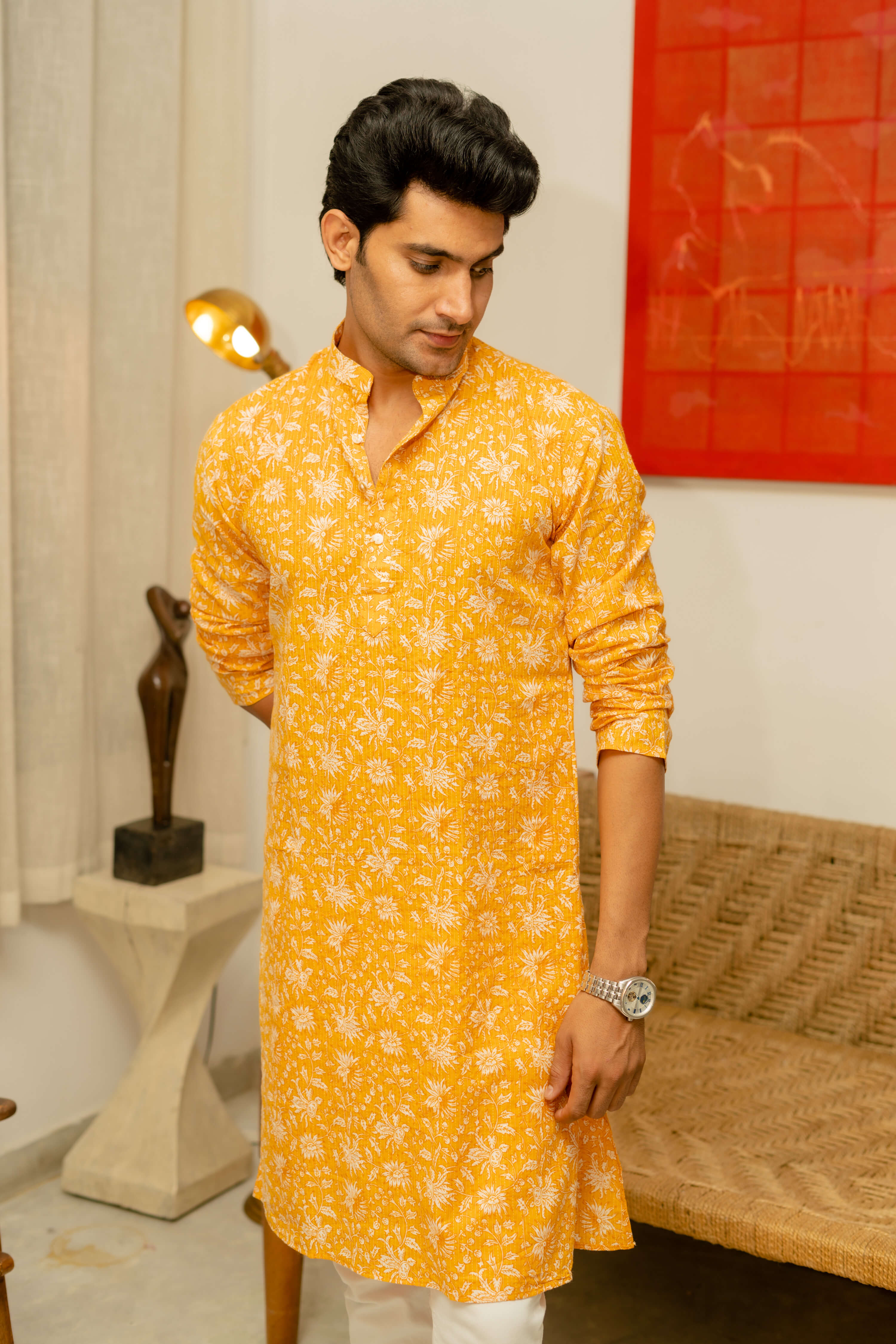The Yellow Kantha Work Long Kurta With All-Over Floral Print