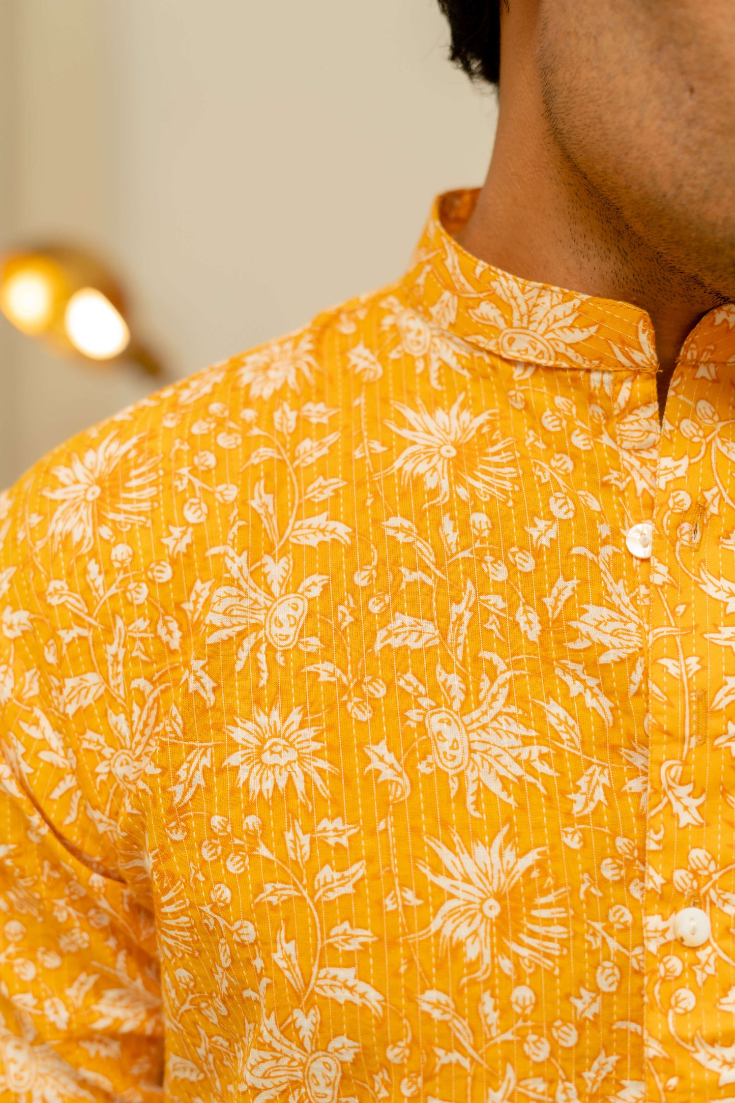 The Yellow Kantha Work Long Kurta With All-Over Floral Print