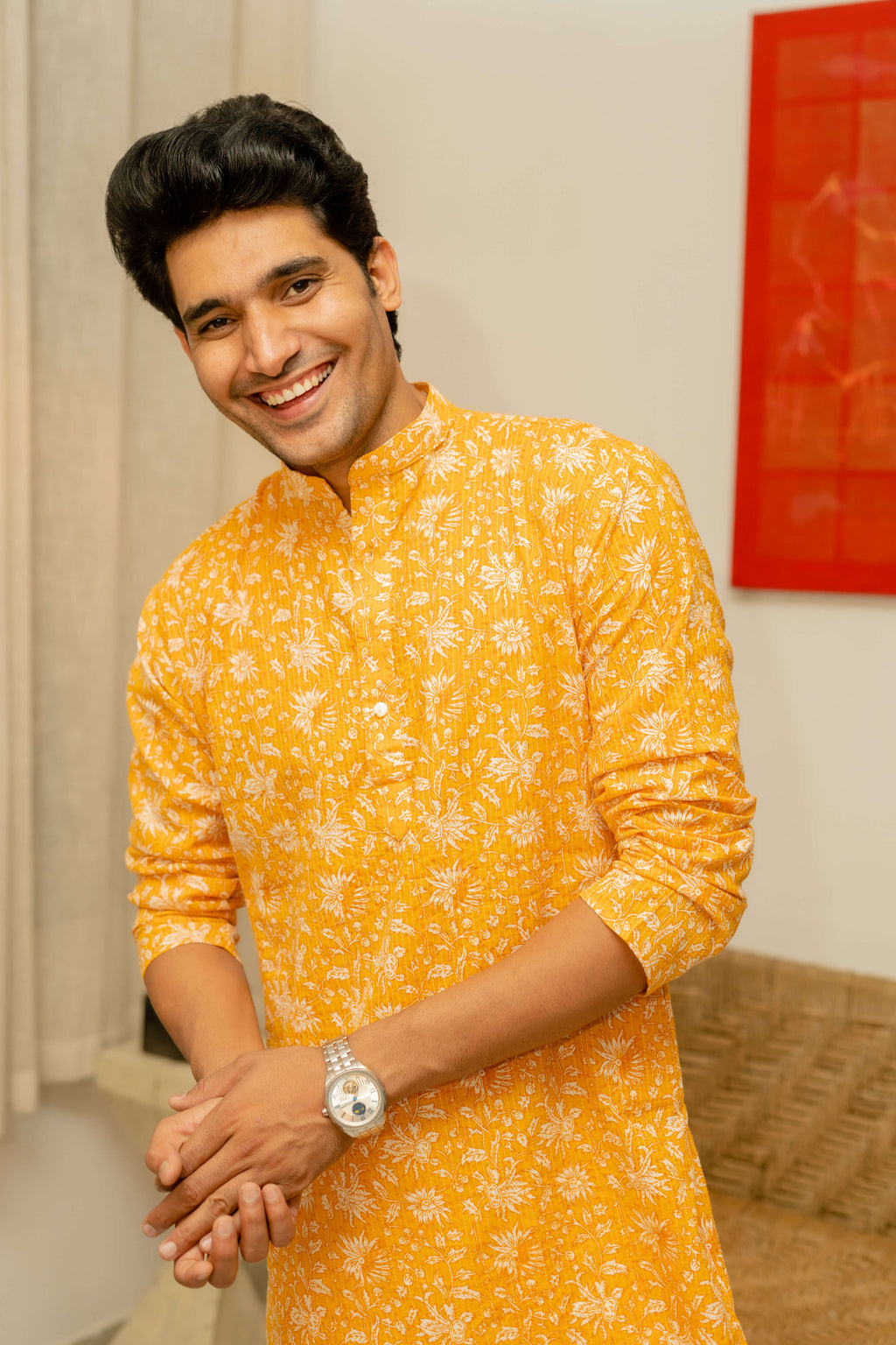 The Yellow Kantha Work Long Kurta With All-Over Floral Print