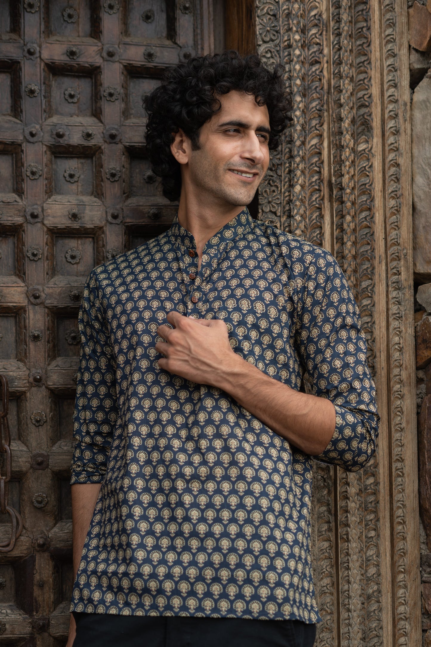 The Blue Short Kurta With Ajrak Look Floral Print