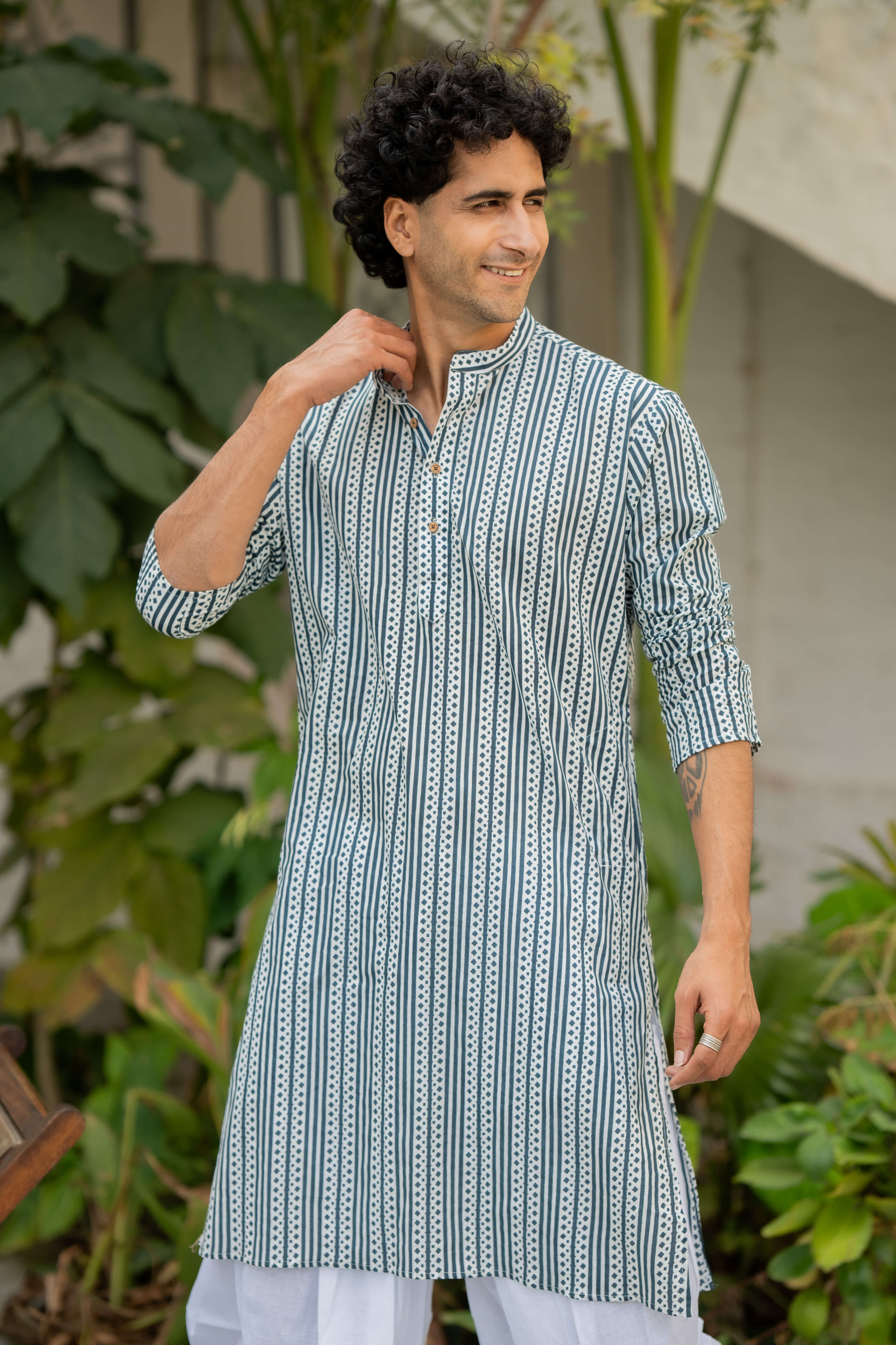 printed white long kurta for men