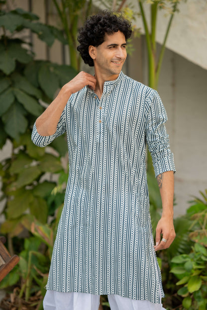 printed white long kurta for men