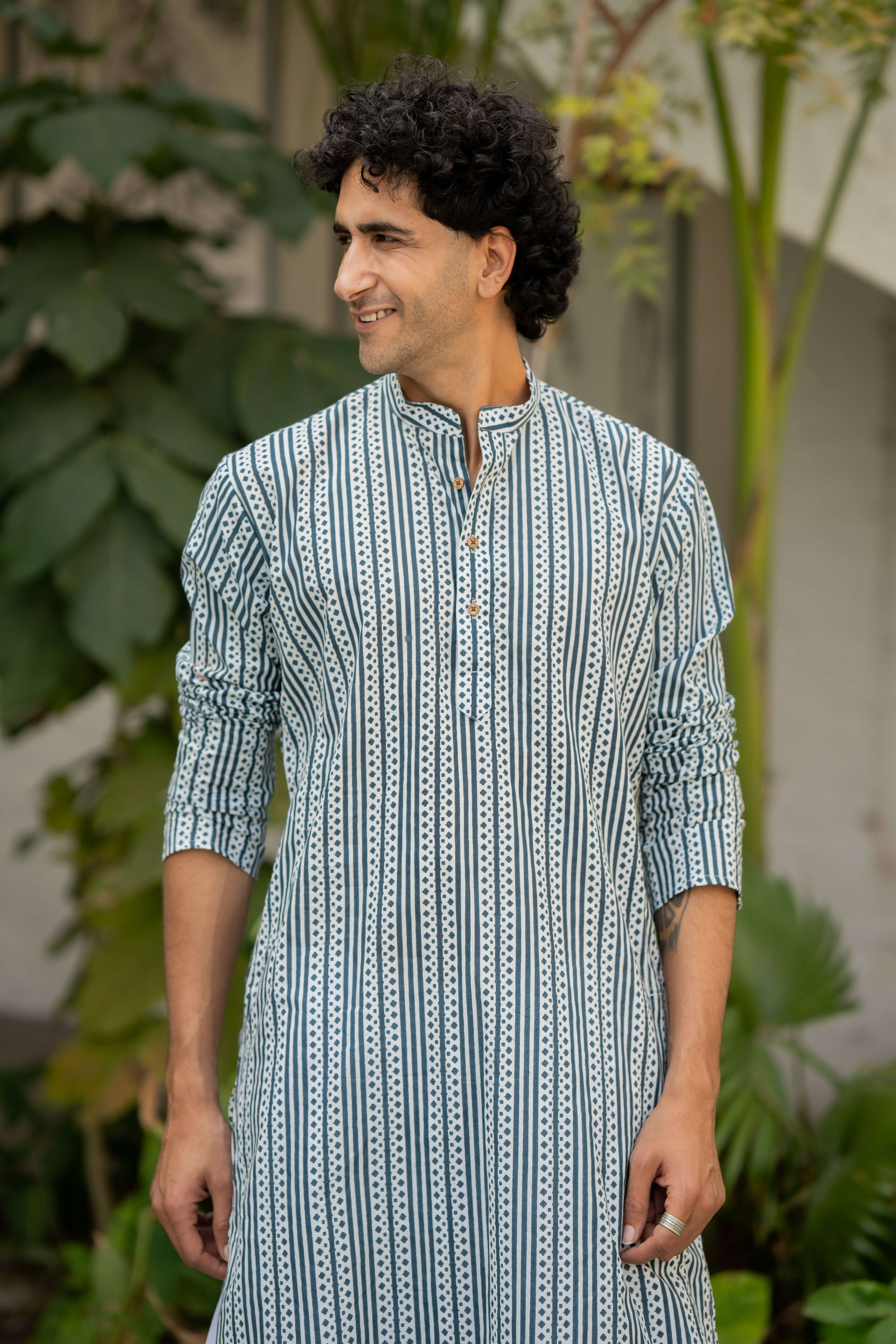 The White Long Kurta With Blue Stripe Print