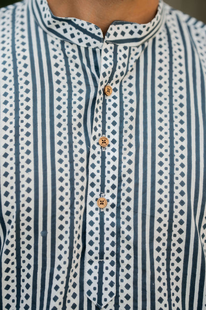The White Long Kurta With Blue Stripe Print