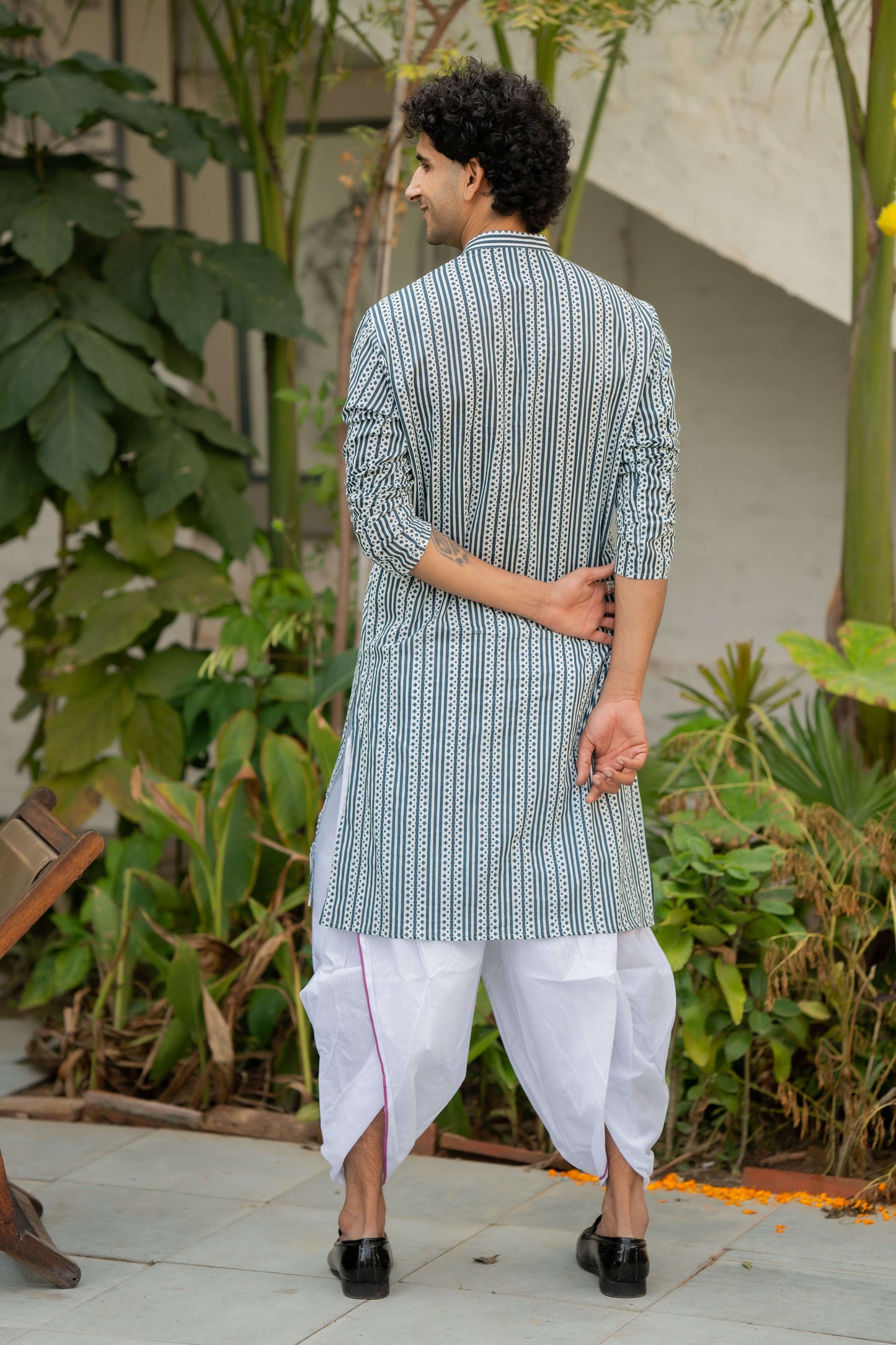 The White Long Kurta With Blue Stripe Print
