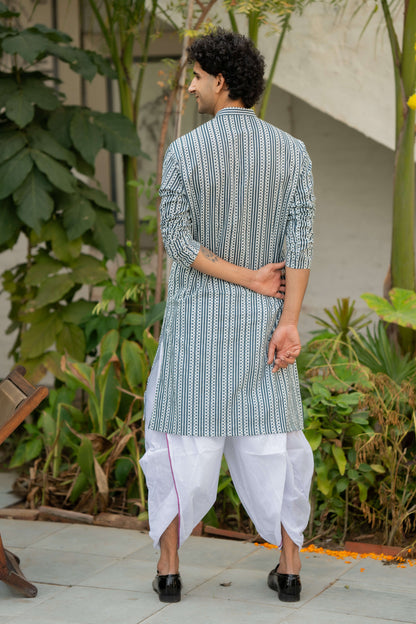 The White Long Kurta With Blue Stripe Print