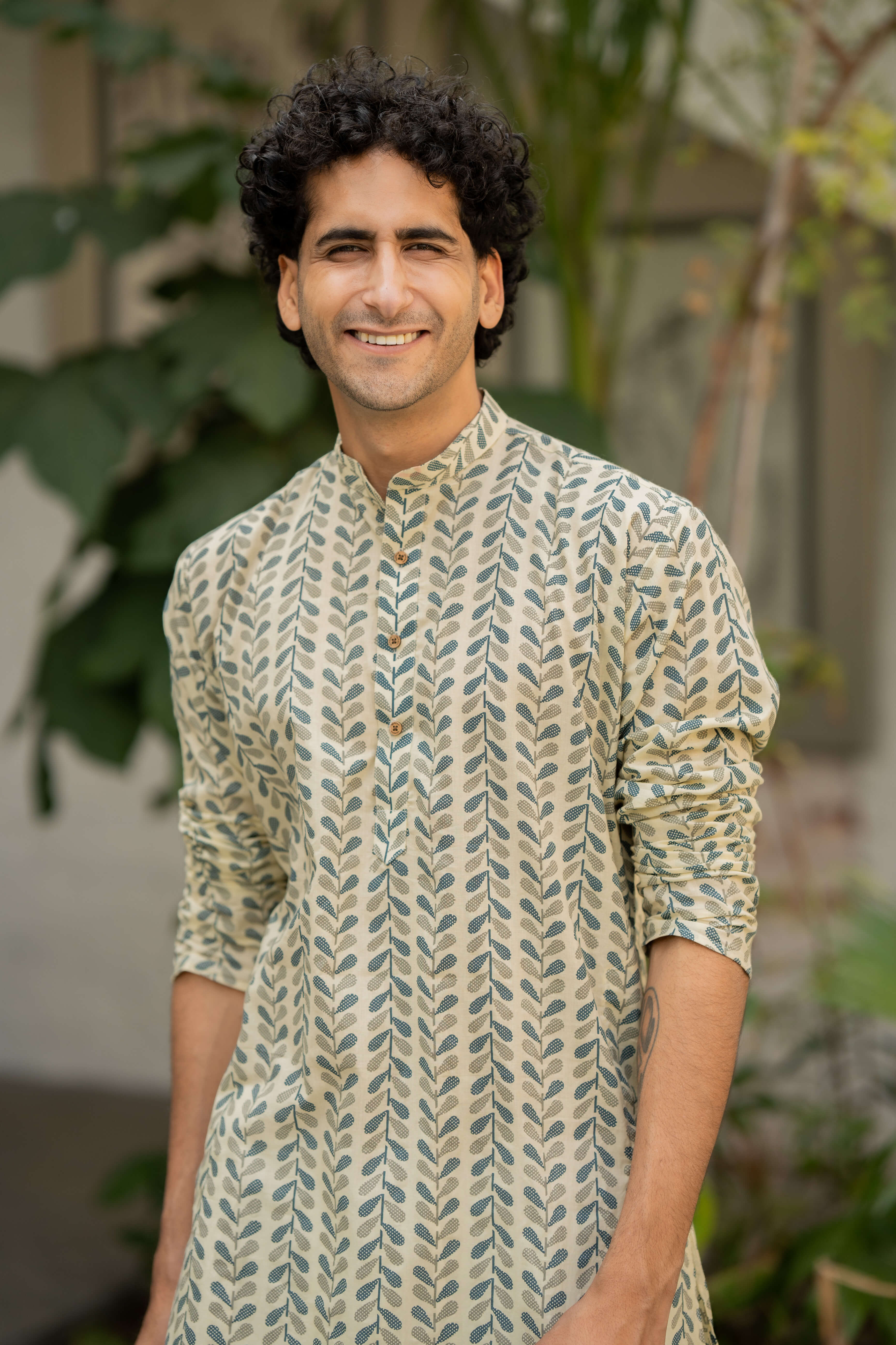 The Chalk White Color Long Kurta with Blue and Grey Petal Print