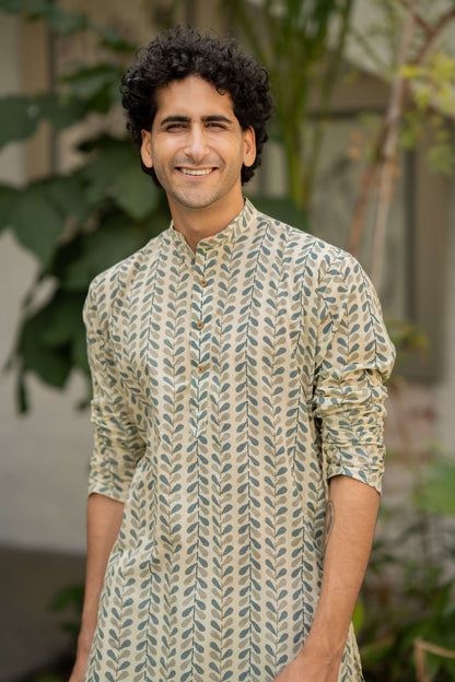 The Chalk White Color Long Kurta with Blue and Grey Petal Print