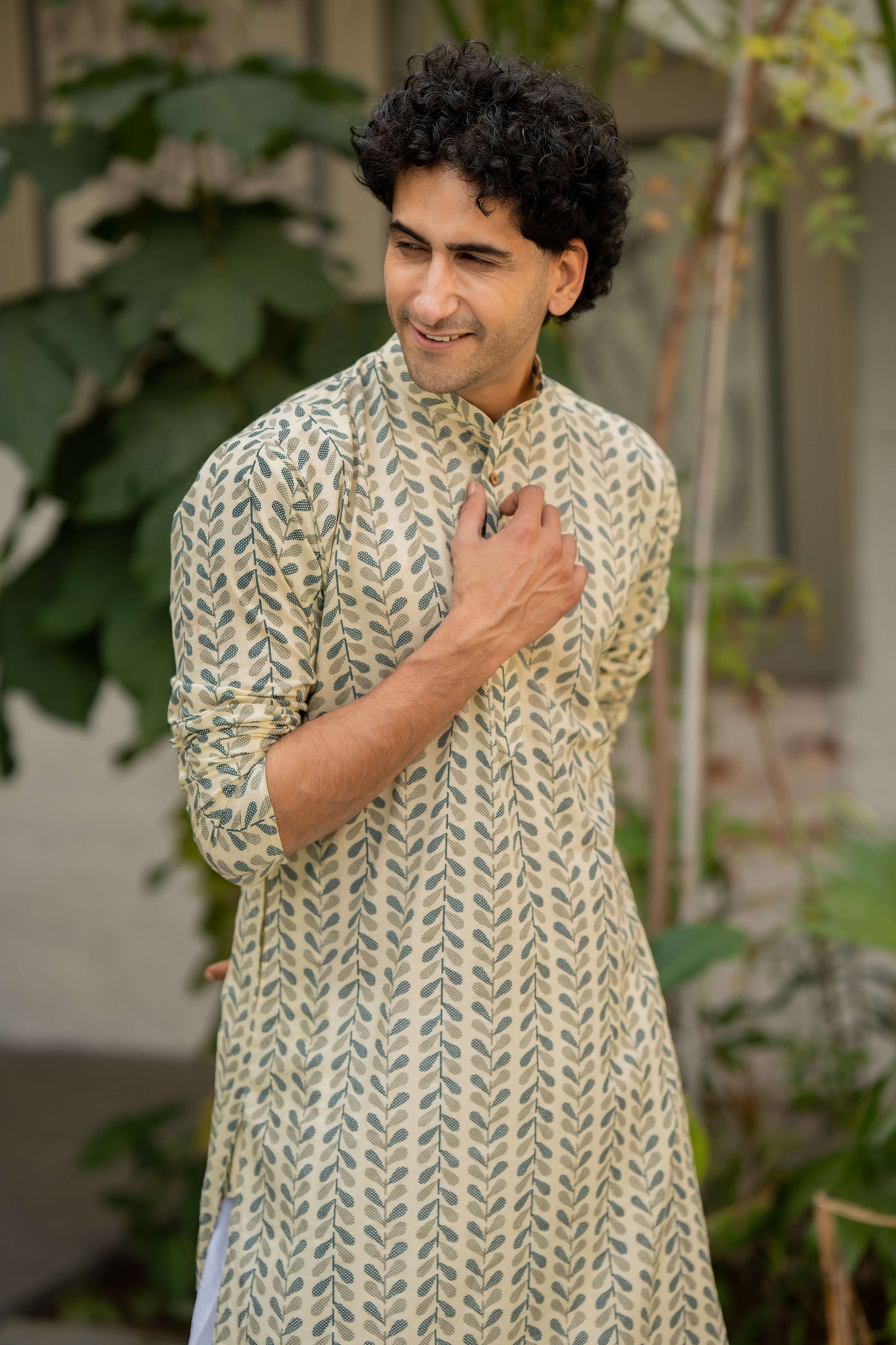 The Chalk White Color Long Kurta with Blue and Grey Petal Print
