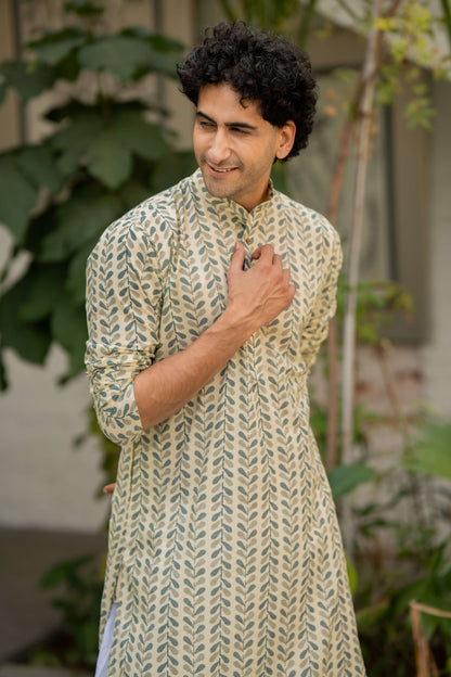 The Chalk White Color Long Kurta with Blue and Grey Petal Print