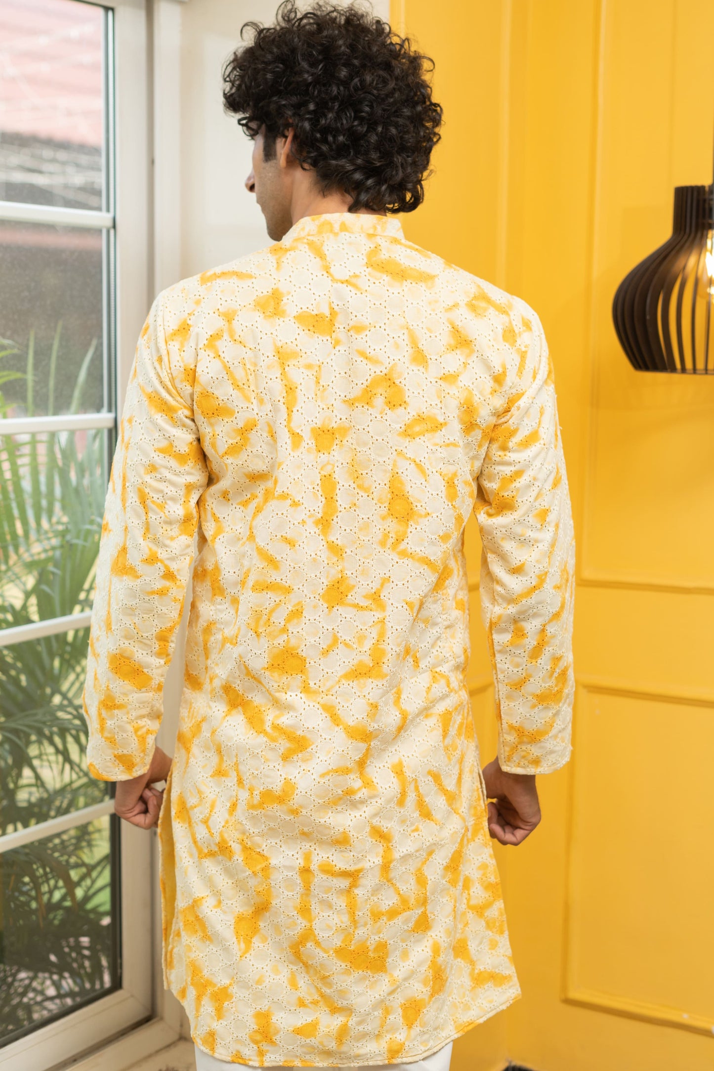 The Chikan Kari Long Kurta With Yellow Shibori Tie Dye Print