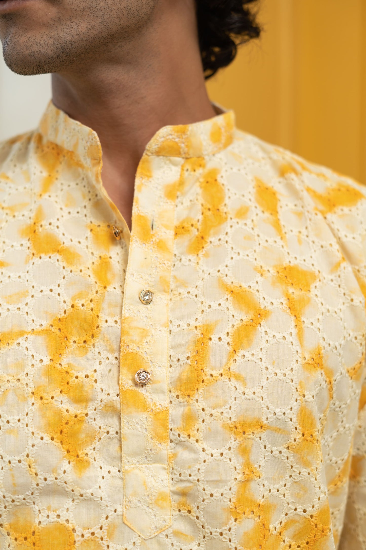 The Chikan Kari Long Kurta With Yellow Shibori Tie Dye Print