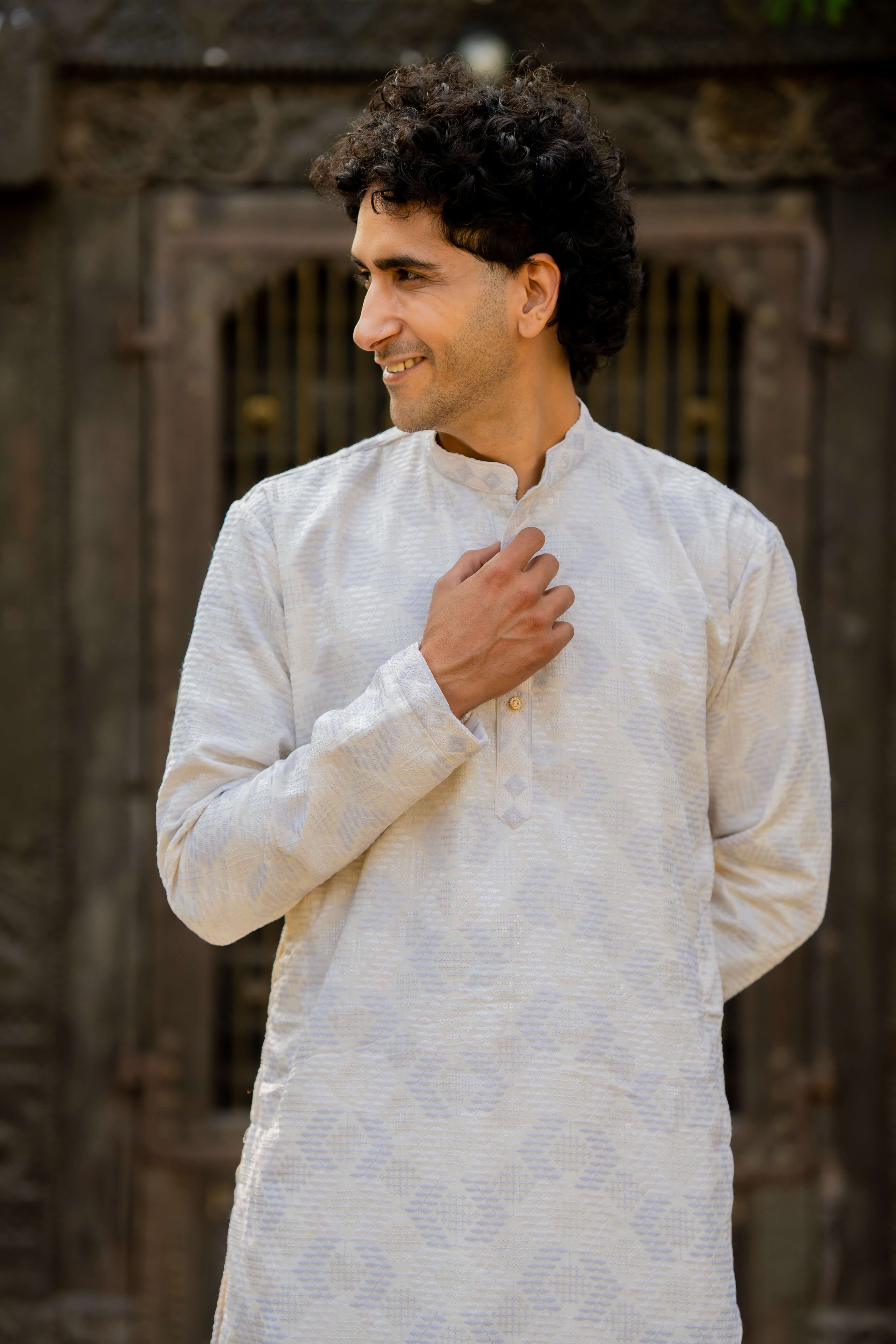 The Off White Long Kurta With White and Forst Thread and Sequins Work