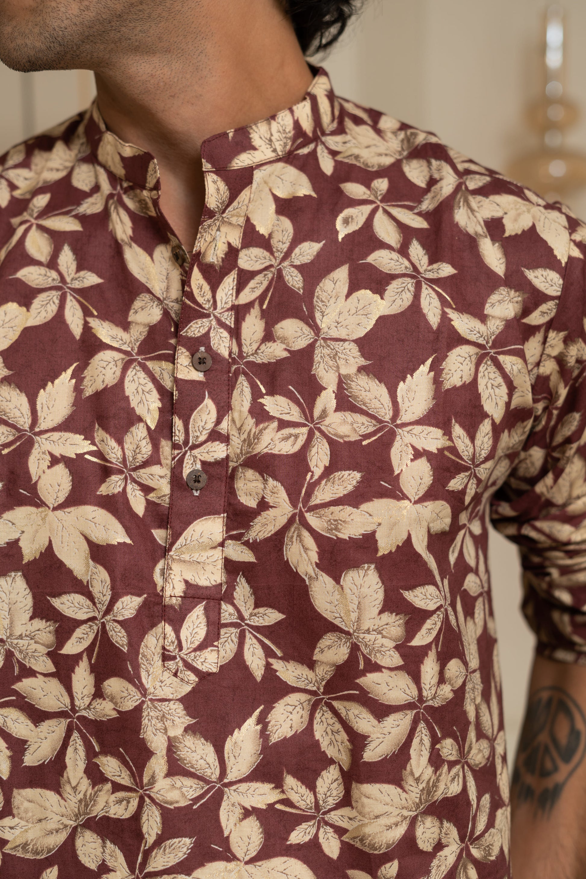 maroon long kurta for men with floral print