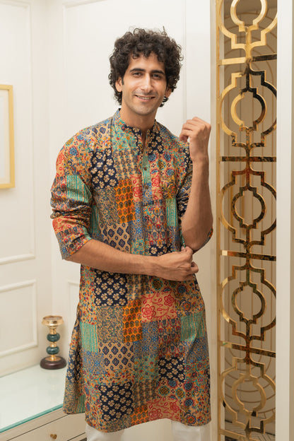 The Patchwork Multicolour Foil Print Long Kurta