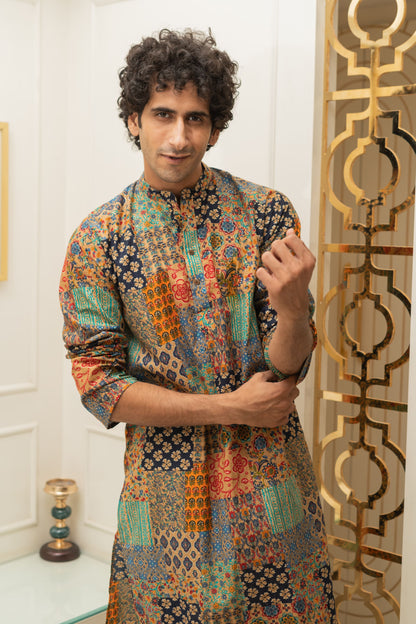 The Patchwork Multicolour Foil Print Long Kurta