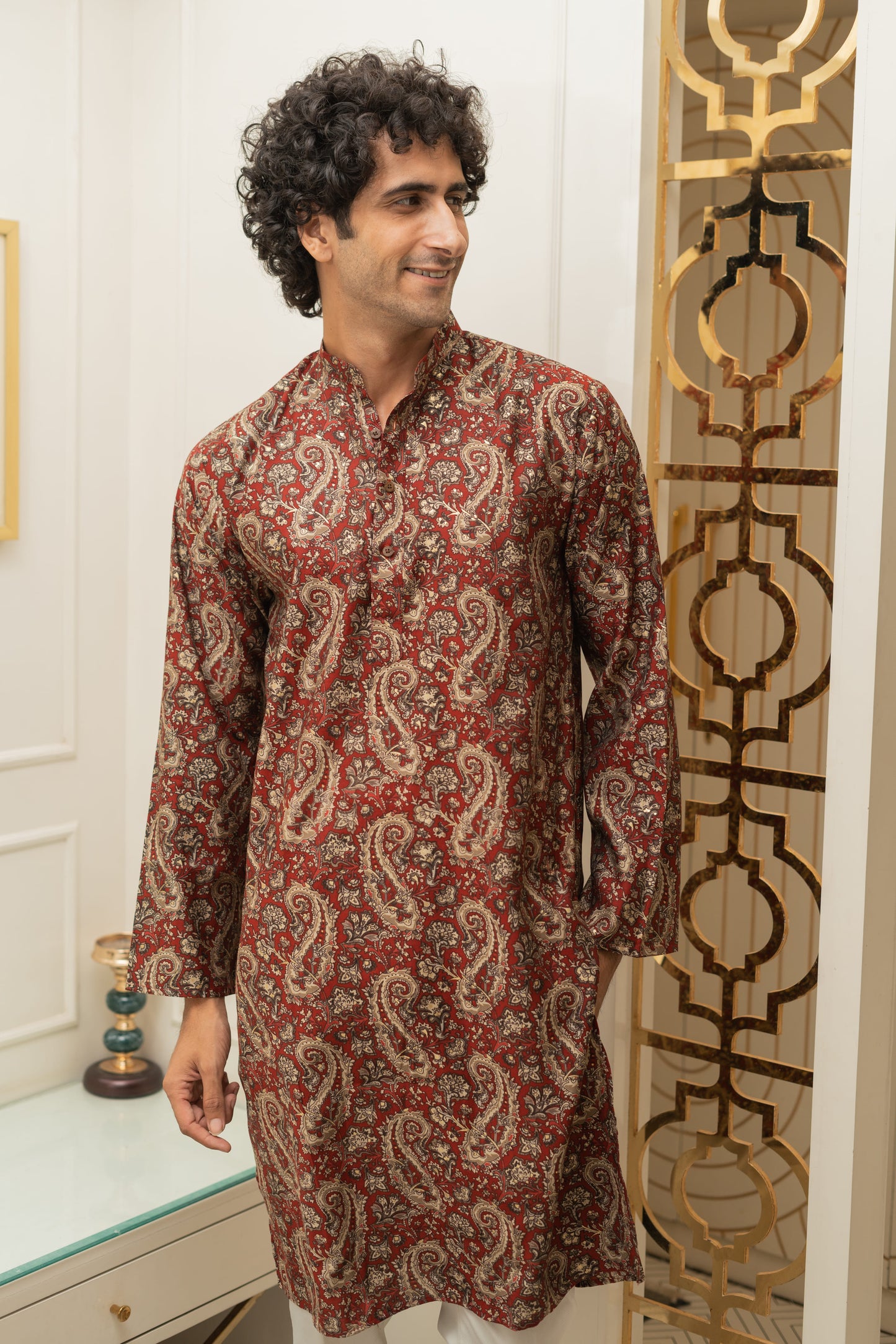 The Muslin Blood Red Colour With Ethnic Paisley Print Long Kurta