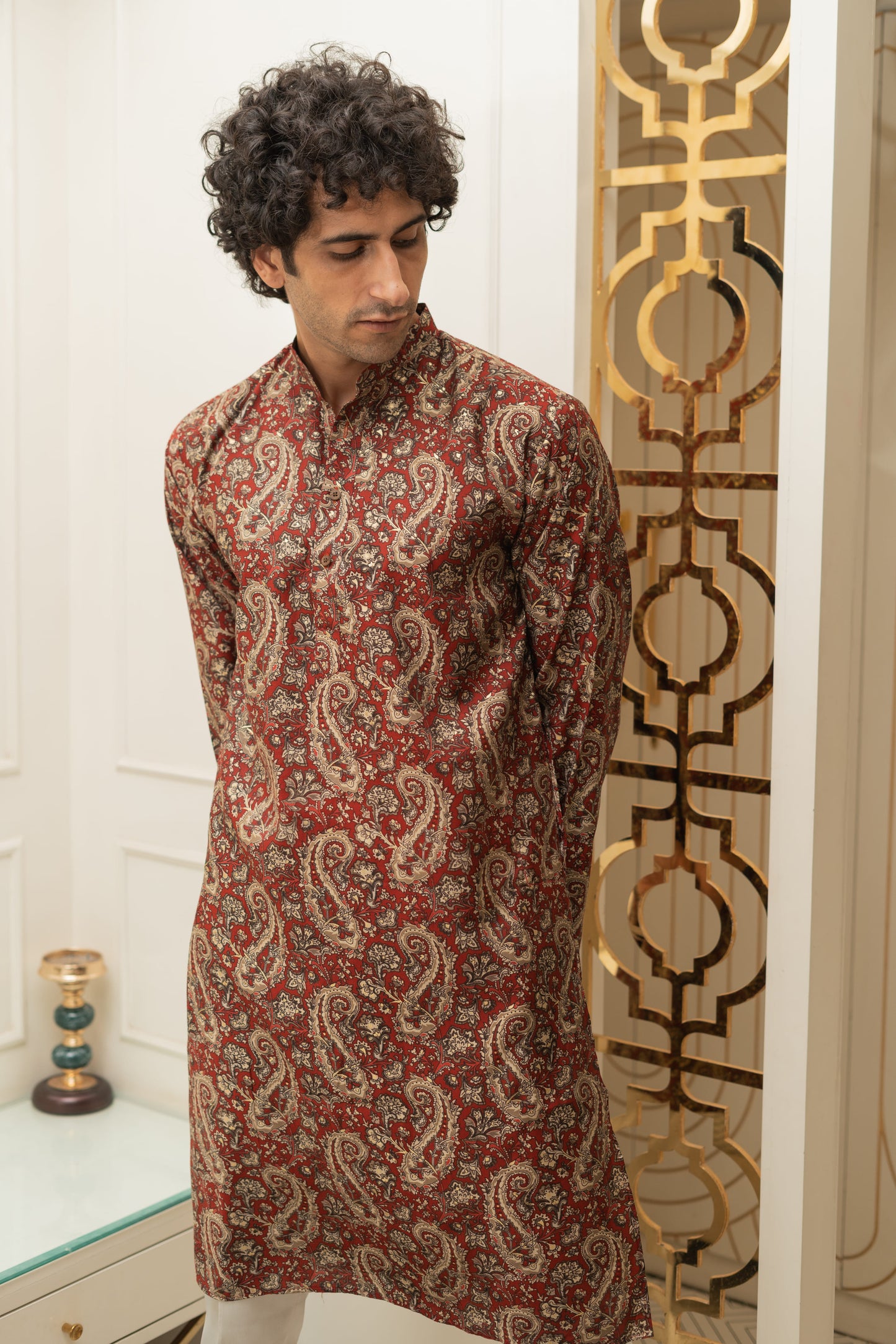 The Muslin Blood Red Colour With Ethnic Paisley Print Long Kurta