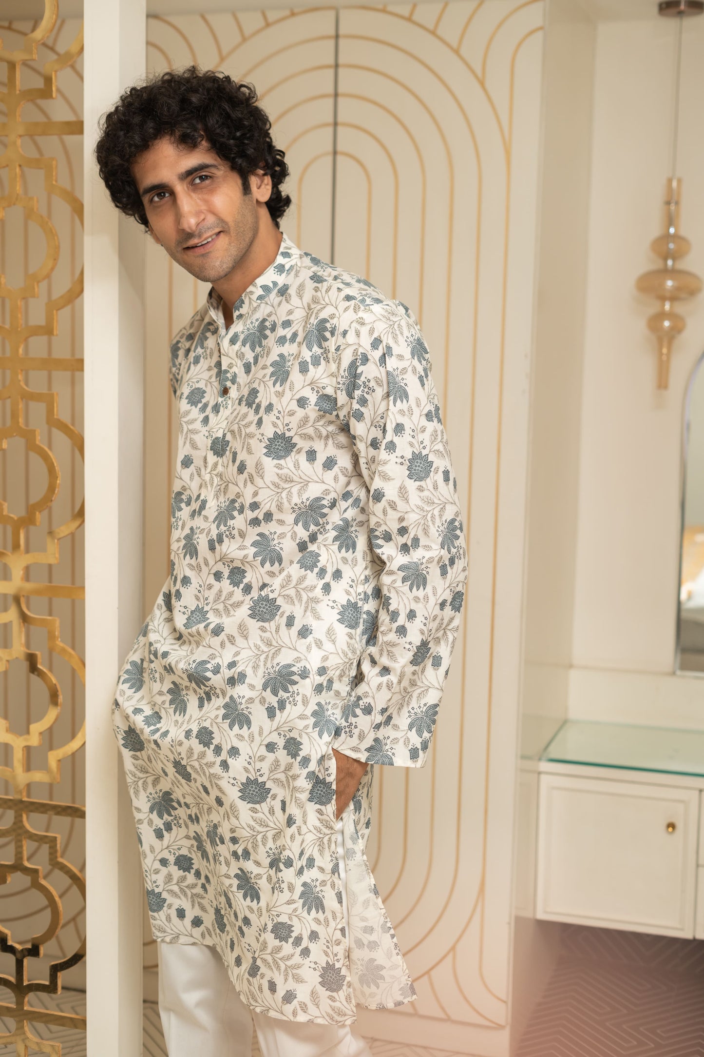 The White Long Kurta With All-Over Floral Print