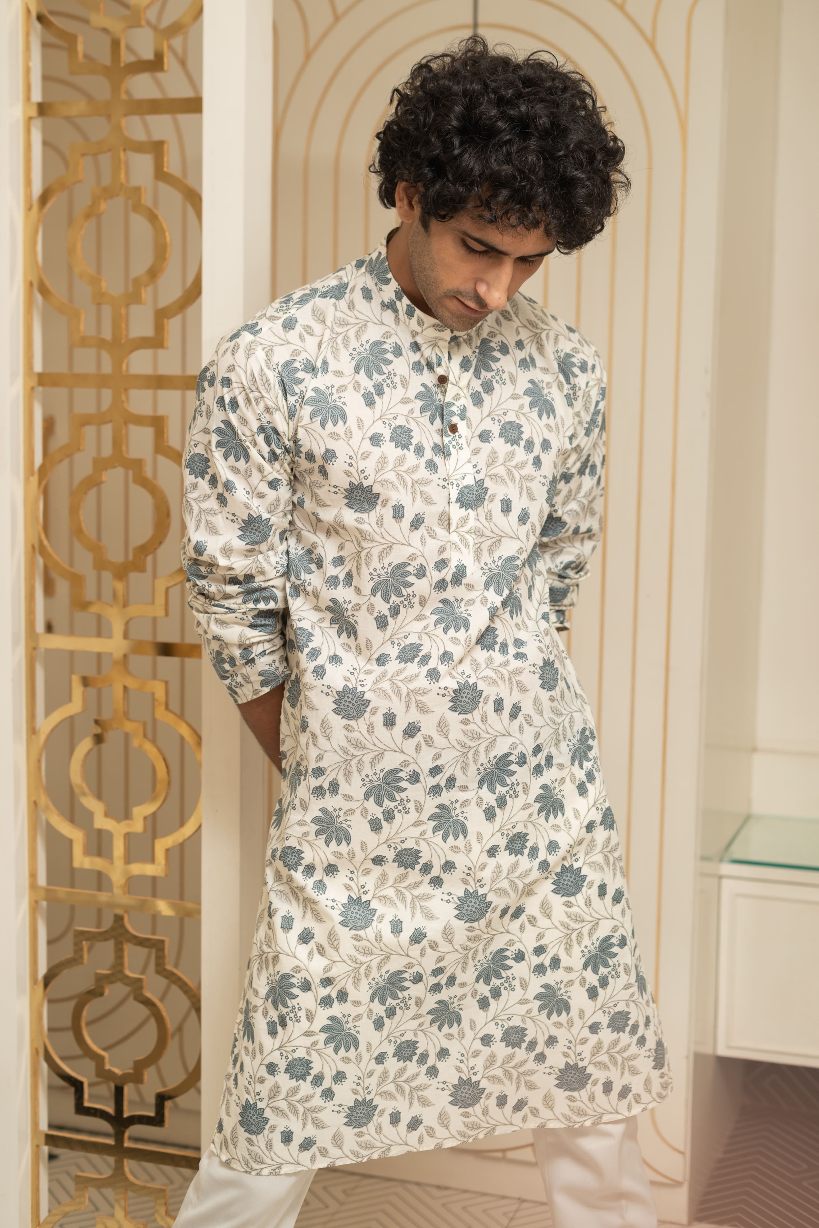 The White Long Kurta With All-Over Floral Print