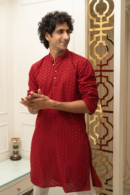 Maroon Chikan Kari Long Kurta For Men