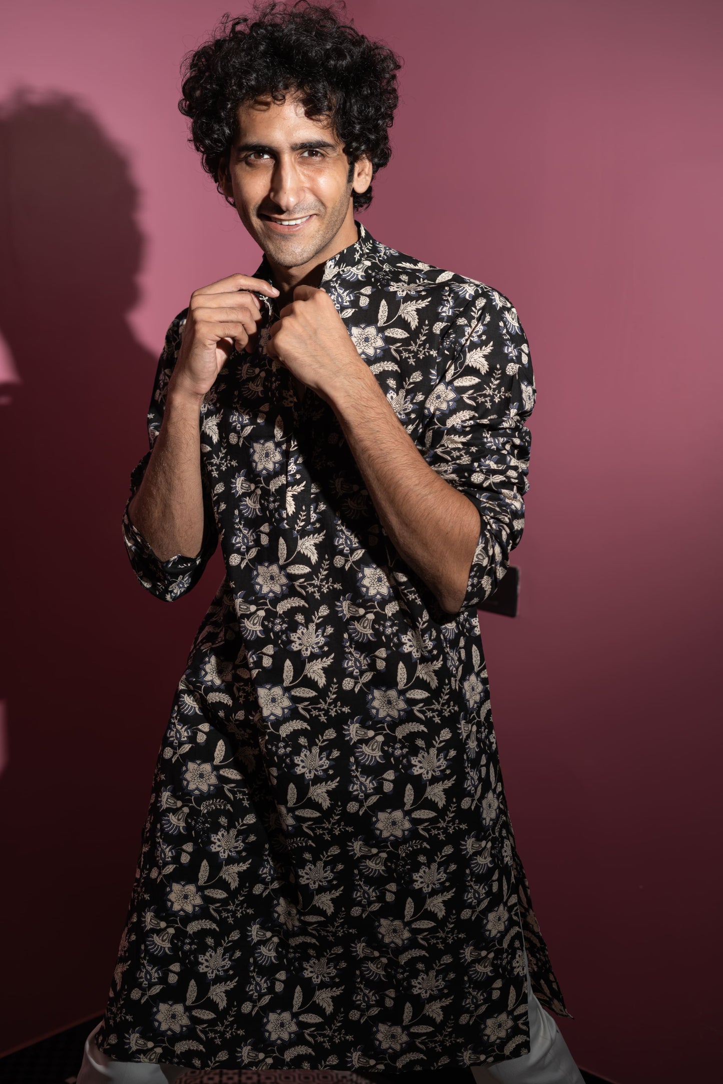 The Black And Off-White Long Kurta With All-Over Floral Print