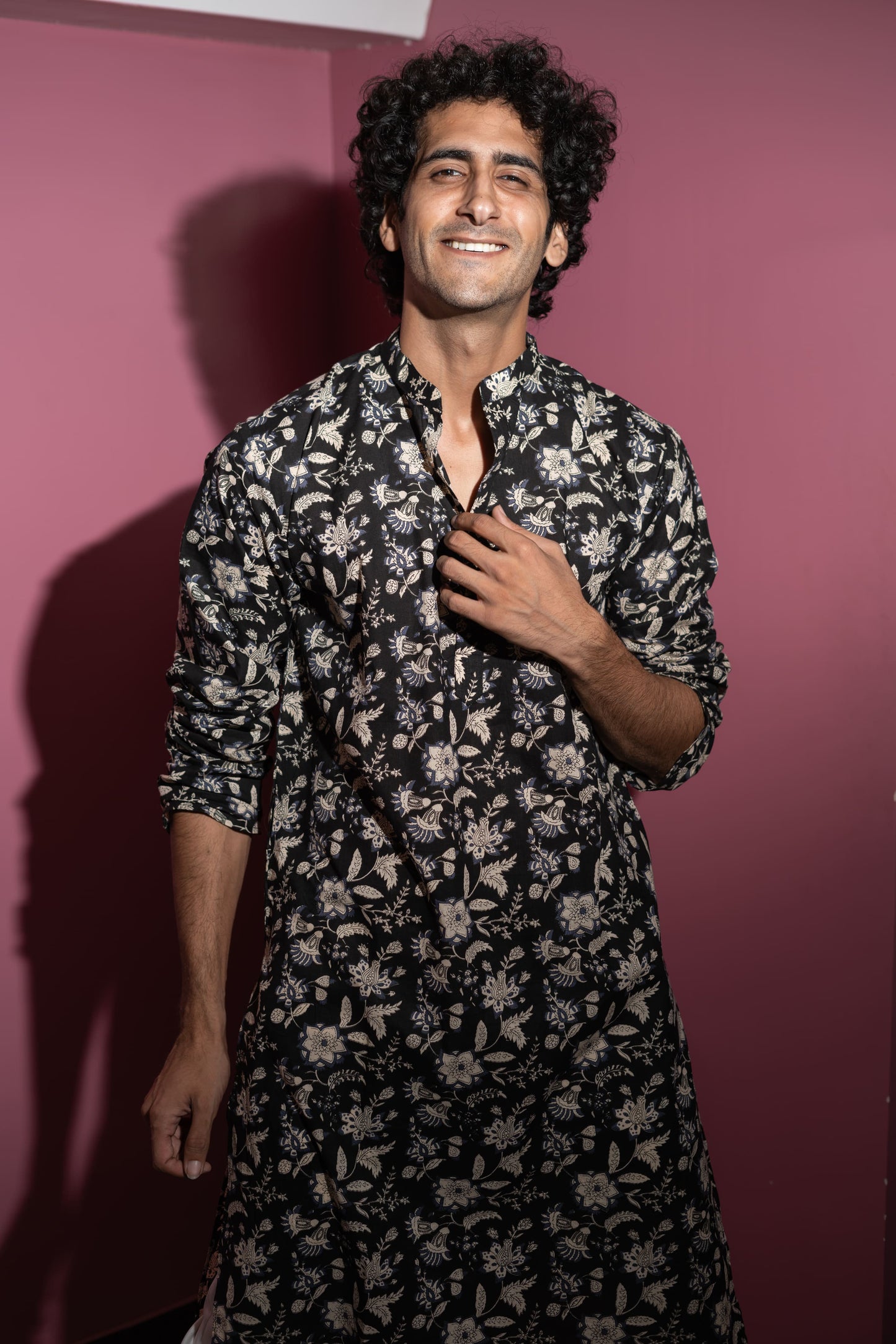 The Black And Off-White Long Kurta With All-Over Floral Print