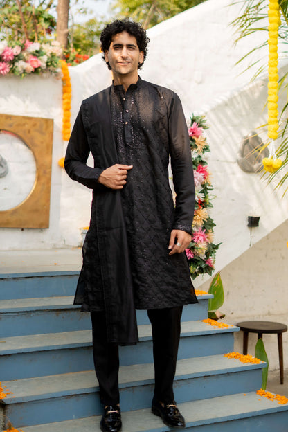 The Black Long Kurta with Classical Embroidery and Sequins Work With Dupatta and Pajama