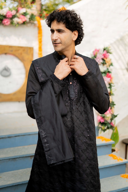 The Black Long Kurta with Classical Embroidery and Sequins Work With Dupatta and Pajama
