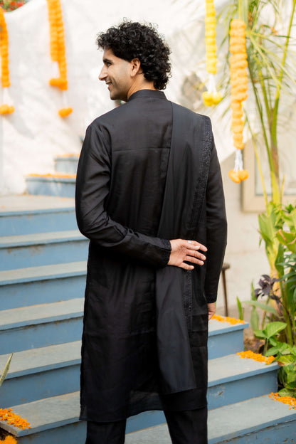 The Black Long Kurta with Classical Embroidery and Sequins Work With Dupatta and Pajama