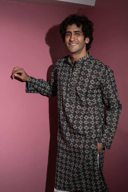 The Black And Lime Yellow Geometric Print Long Kurta With Kantha Work