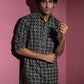The Black And Lime Yellow Geometric Print Long Kurta With Kantha Work