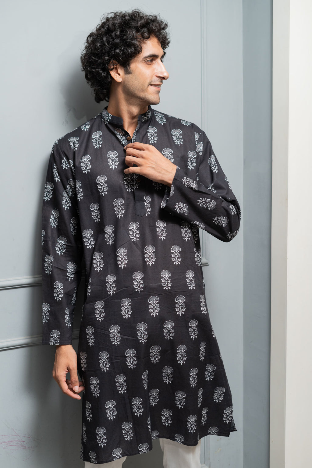 The Black Long Kurta With White Flower Print