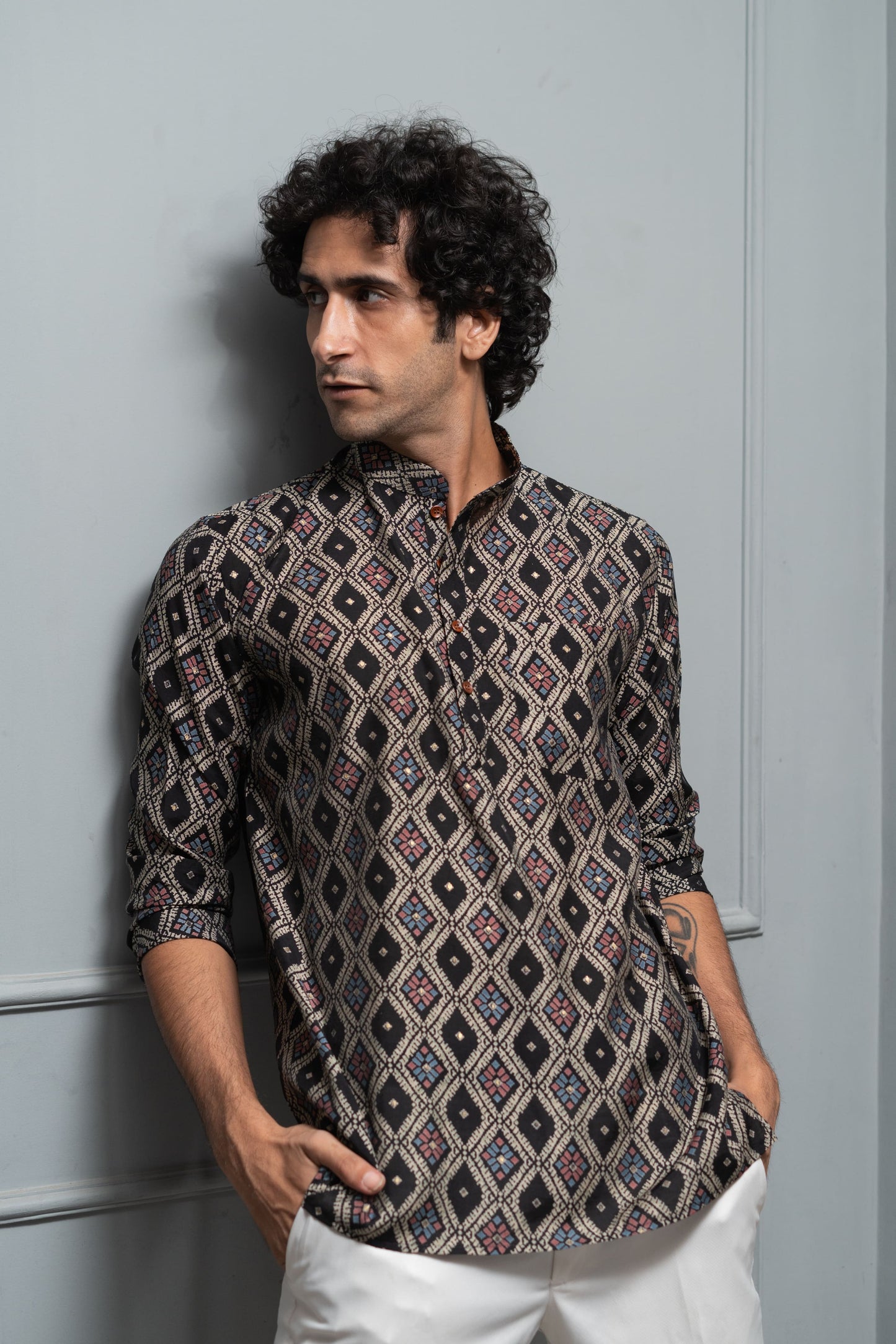 The Classy Black Short Kurta With Tribal Print