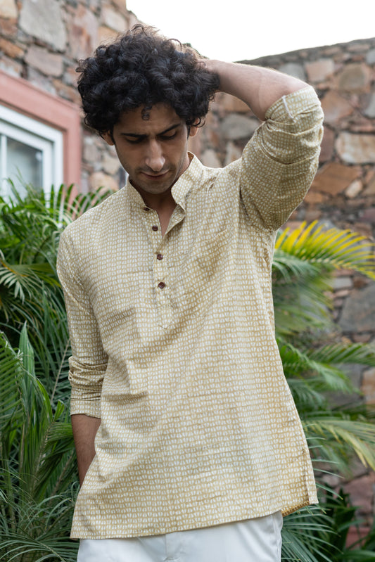 mustard tribal print short kurta for men