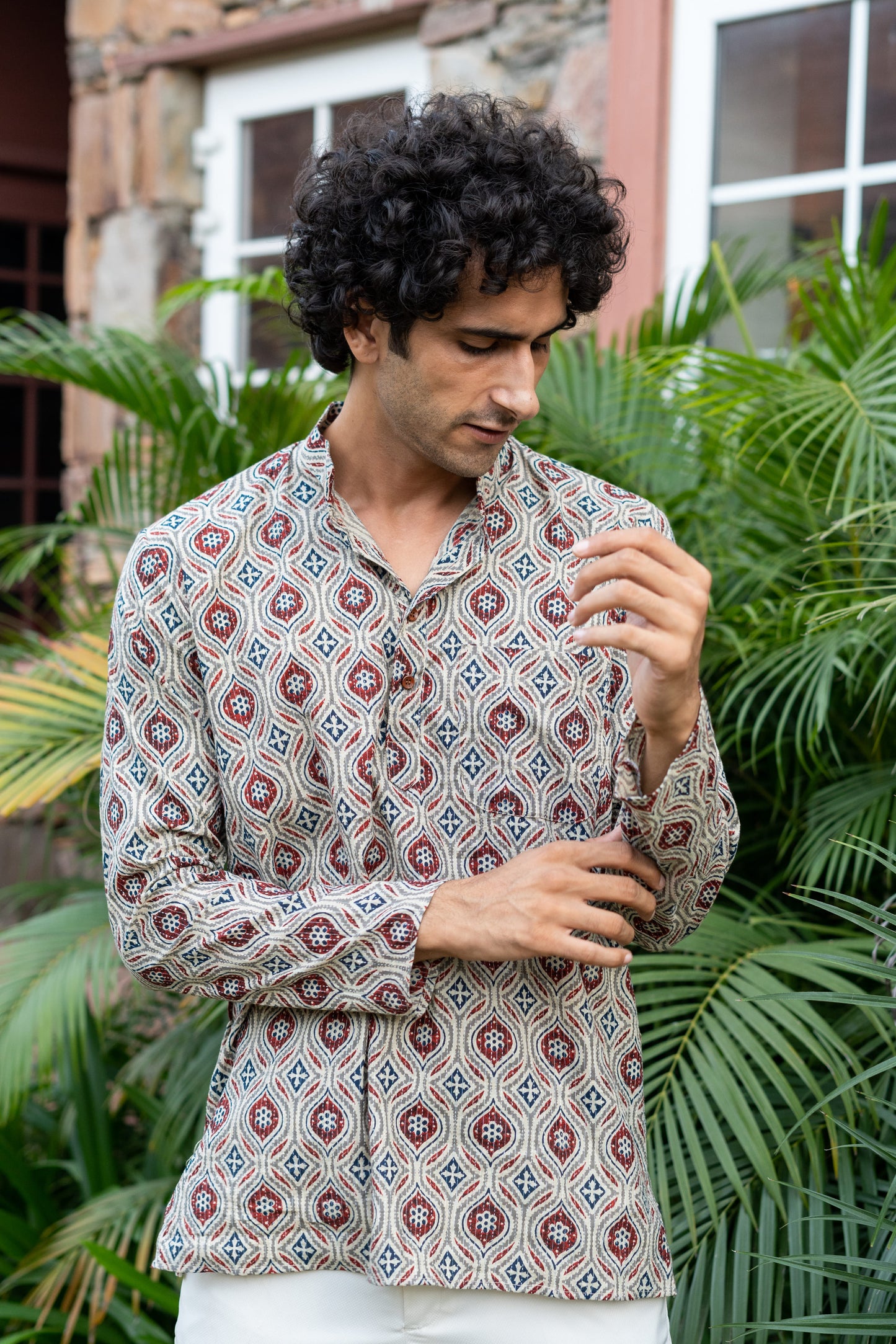 The Pale Tribal Print Kantha Work Short Kurta