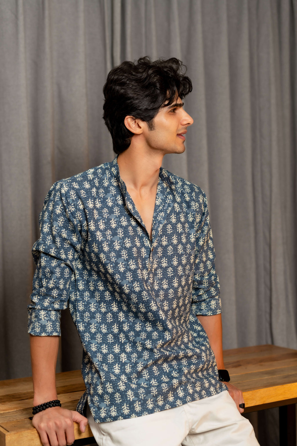 The Teal Blue Short Kurta With Grey Butti Print
