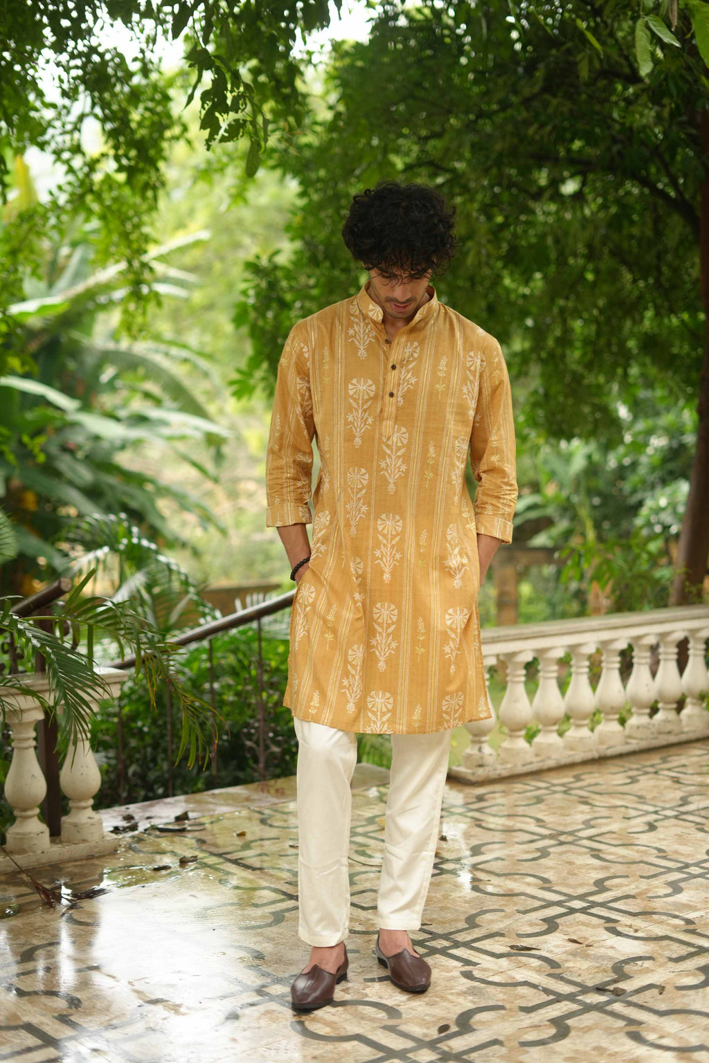 The Classic Mustard Golden Print Long Kurta