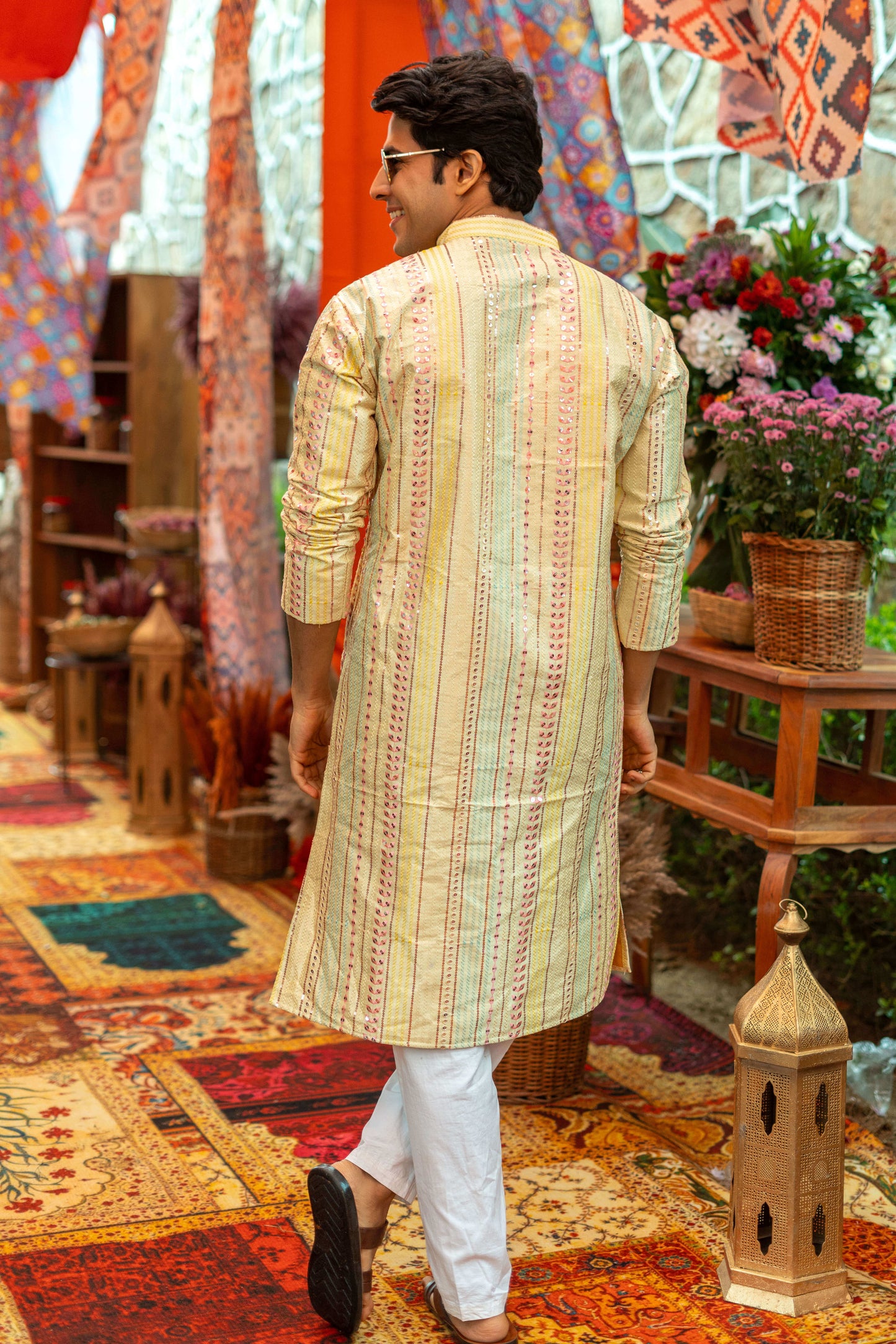 The Rainbow Stripes Long Kurta With Embroidery And Sequins Work