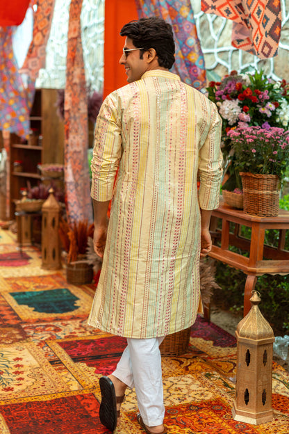 The Rainbow Stripes Long Kurta With Embroidery And Sequins Work